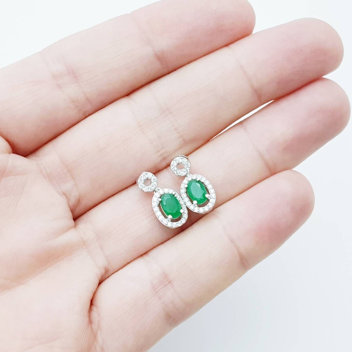 Green earrings, emerald stud earrings, oval emerald vintage earrings, diamond halo earrings, earrings for women, may birthstone studs