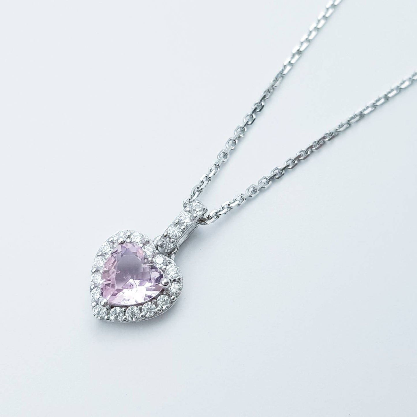 Cute sterling silver pink heart necklace, small light pink faux diamond halo pendant