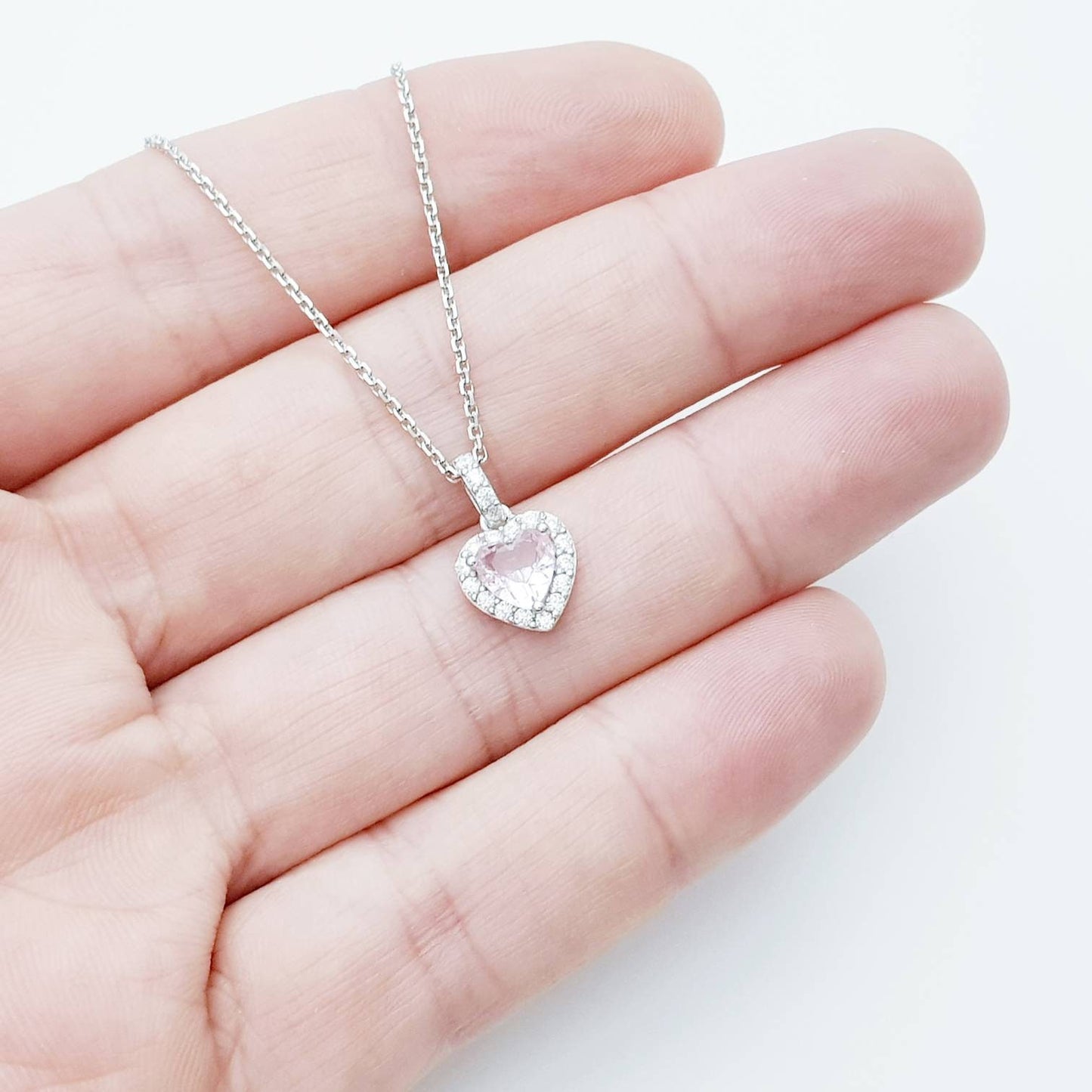 Cute sterling silver pink heart necklace, small light pink faux diamond halo pendant