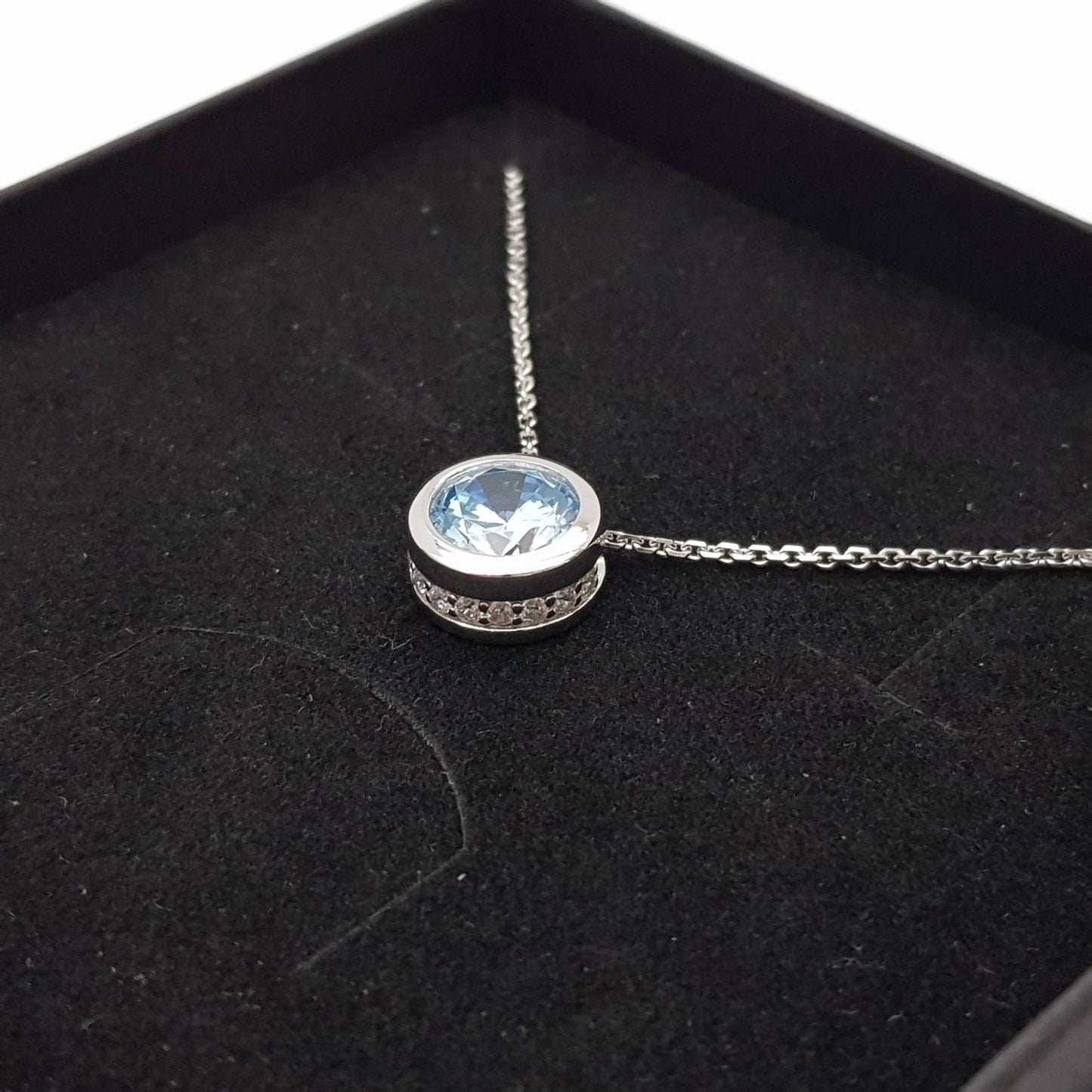 Sterling silver round aquamarine blue necklace, single light blue slider pendant