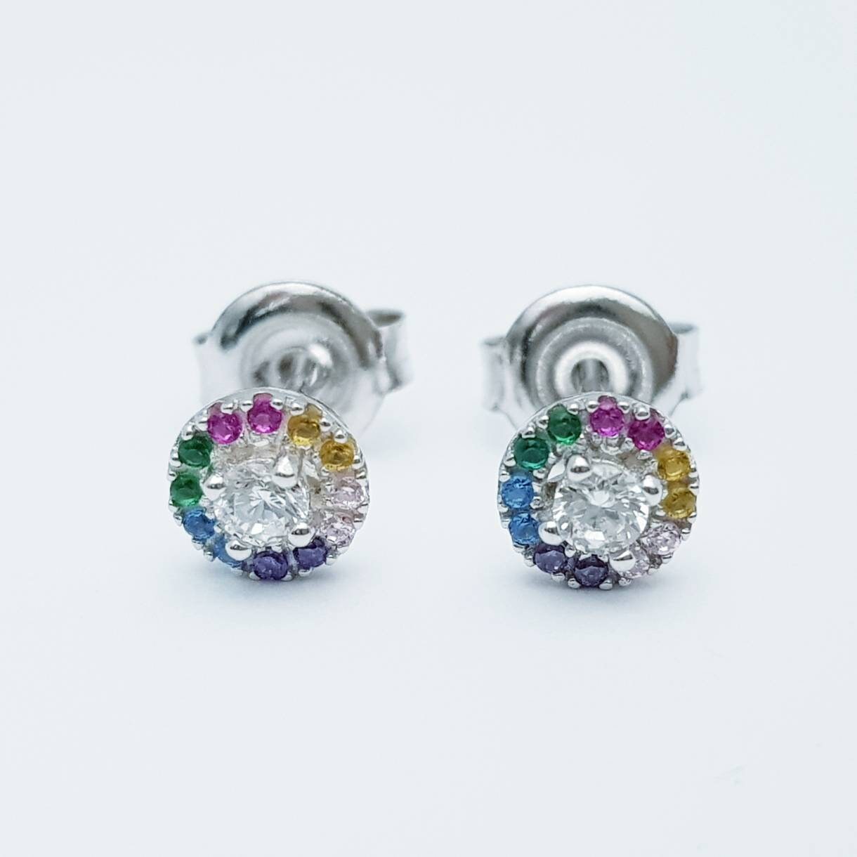 Dainty gold rainbow studs, sterling silver gold plated earrings, rainbow halo