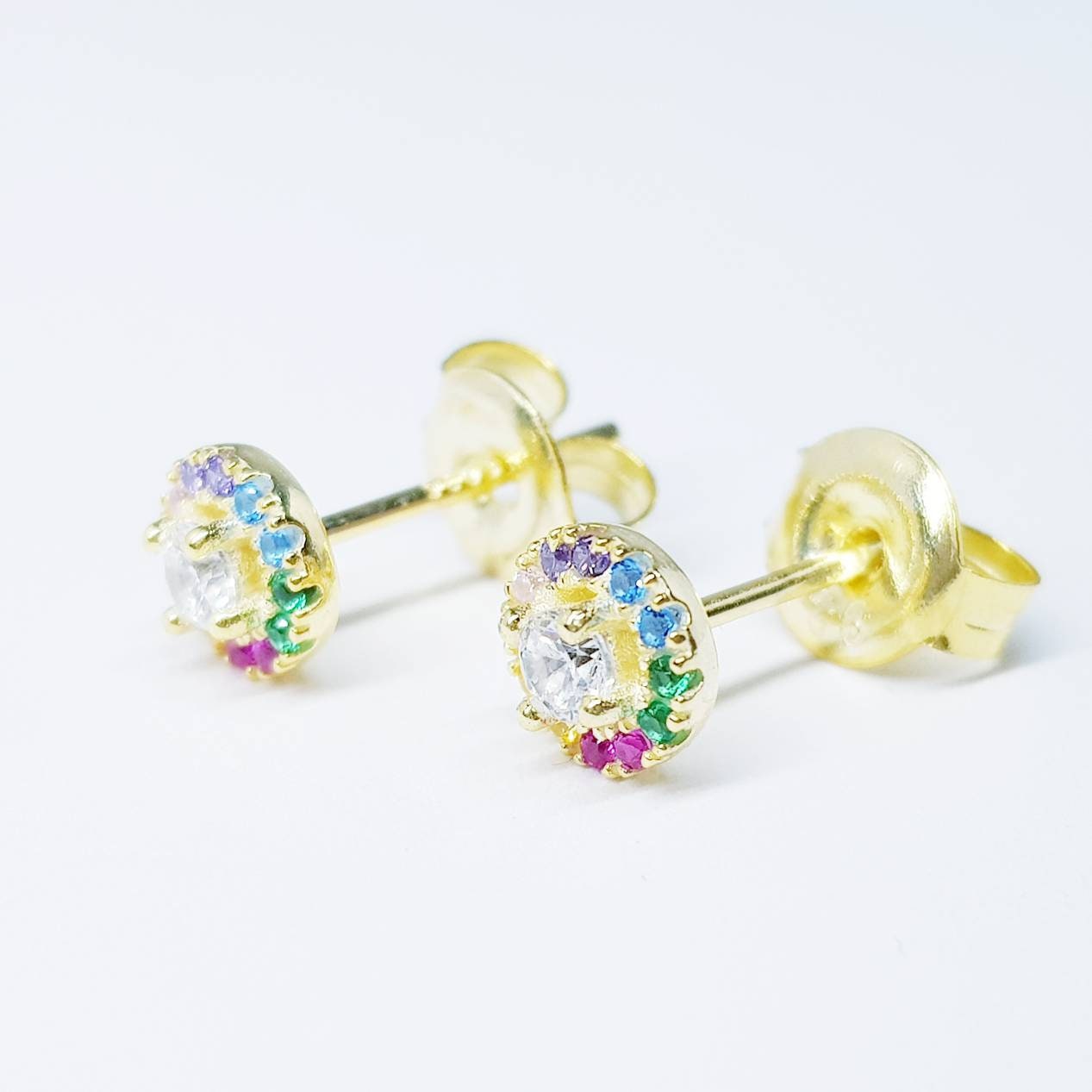 Dainty gold rainbow studs, sterling silver gold plated earrings, rainbow halo