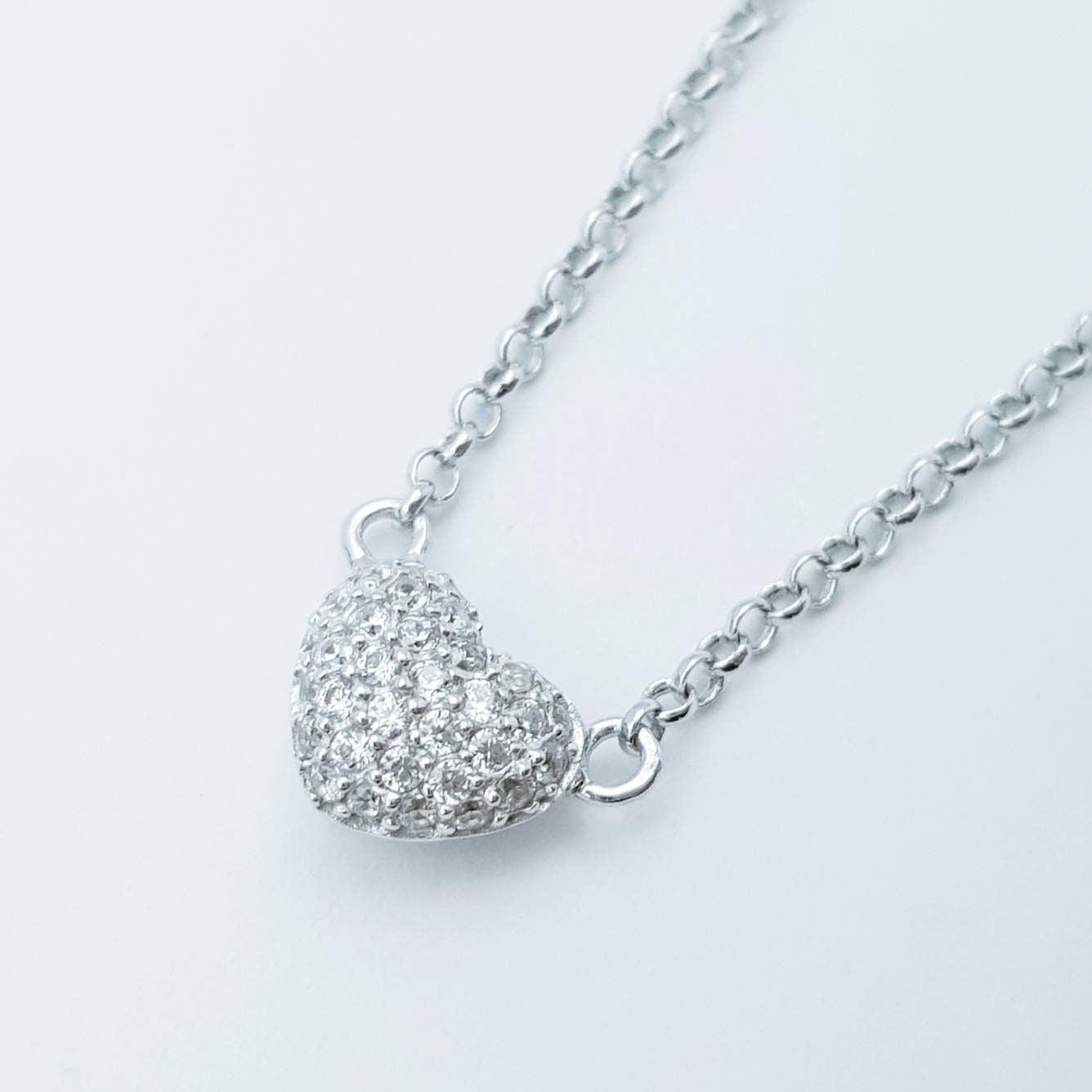 Dainty sterling silver heart necklace pavé set with faux diamonds, small heart chain