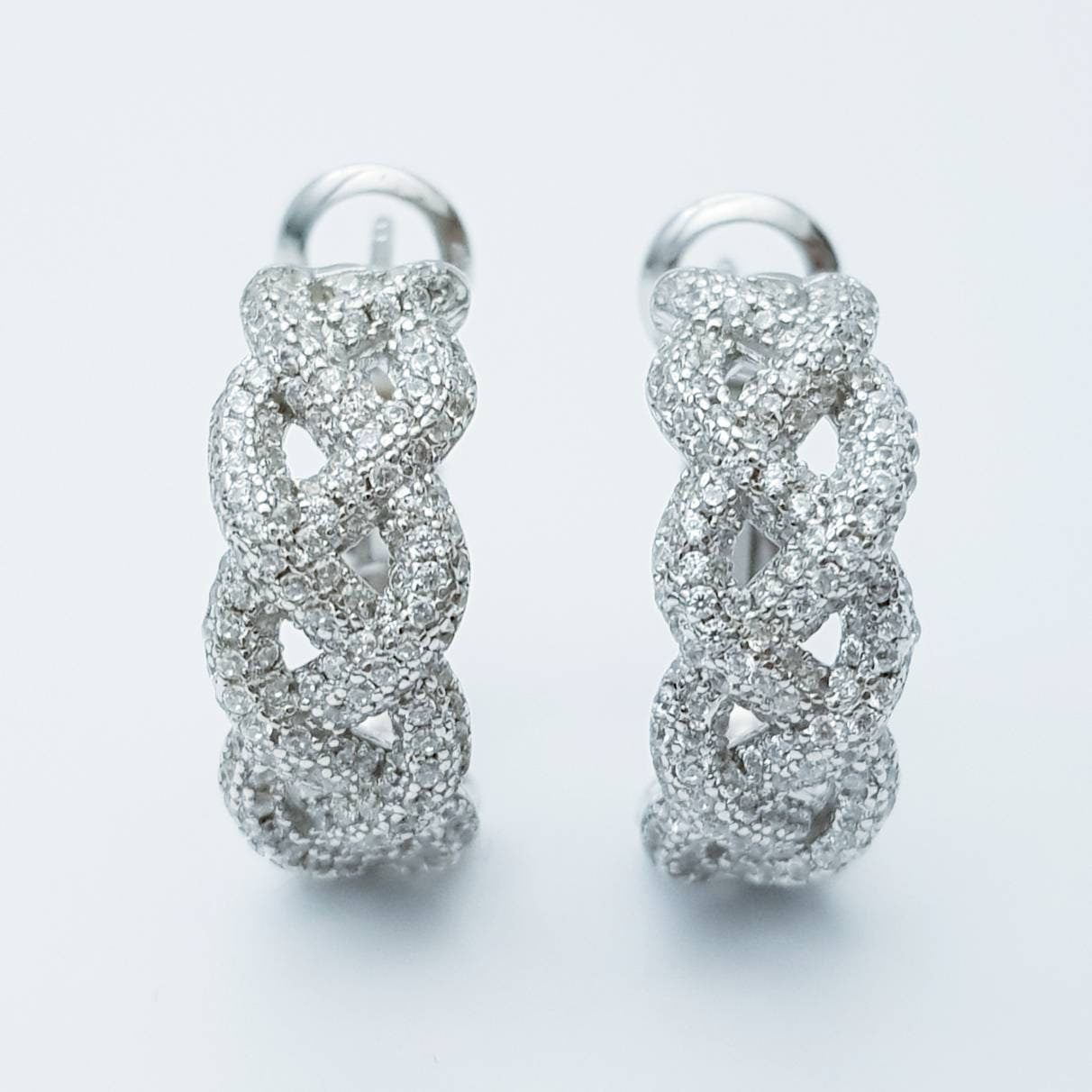 Sterling silver cz encrusted braided half hoop earrings, lever back diamond hoops, dress jewelry