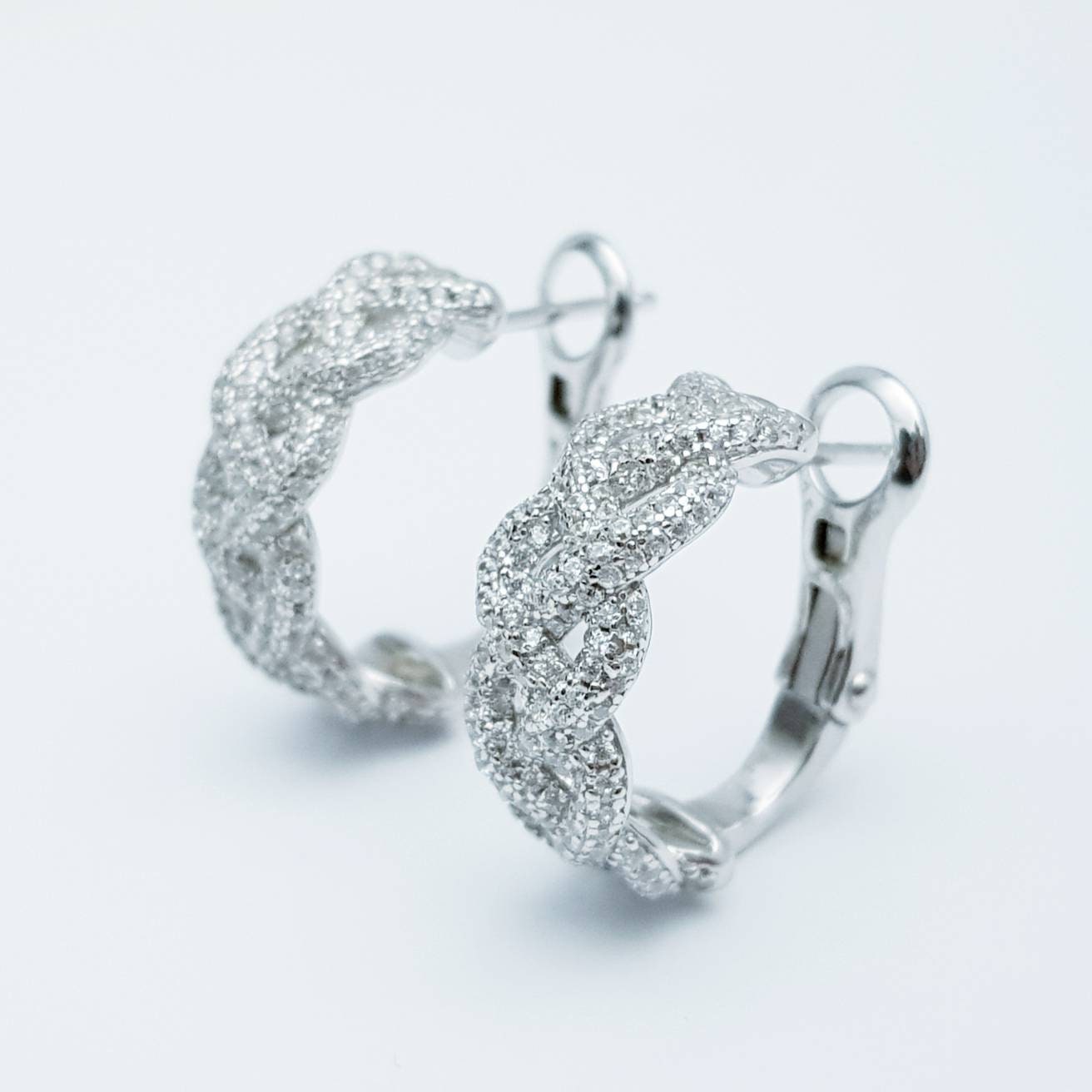 Sterling silver cz encrusted braided half hoop earrings, lever back diamond hoops, dress jewelry