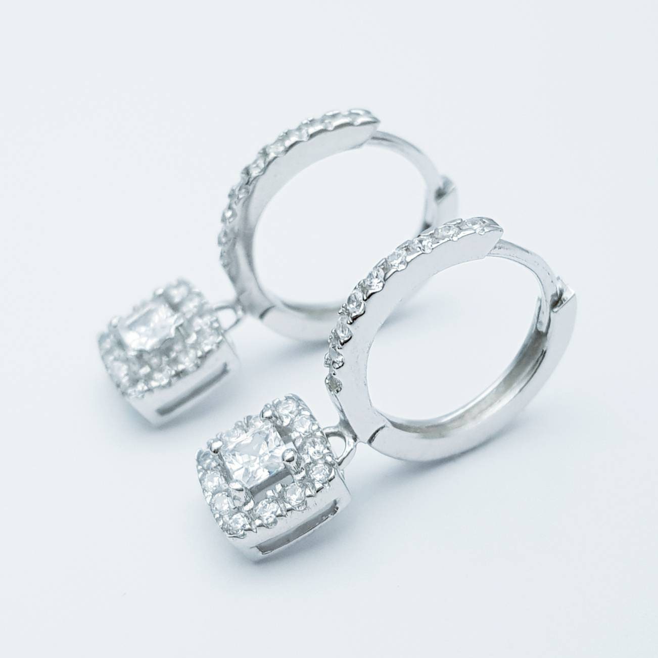 Silver drop and dangle hoop earrings, diamond hoop earrings, square diamond huggie earrings