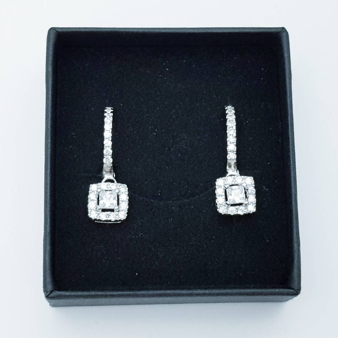 Silver drop and dangle hoop earrings, diamond hoop earrings, square diamond huggie earrings