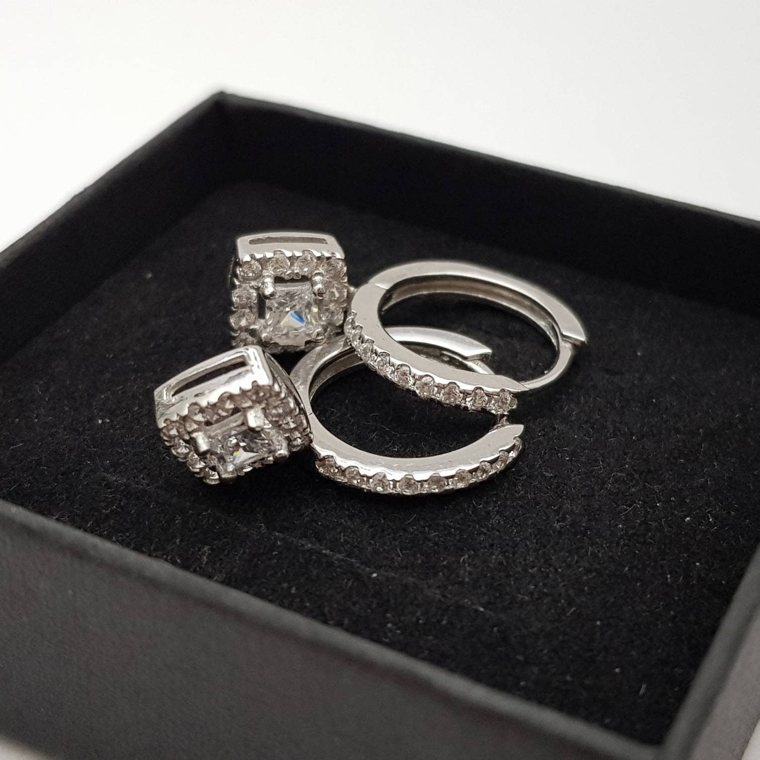 Silver drop and dangle hoop earrings, diamond hoop earrings, square diamond huggie earrings