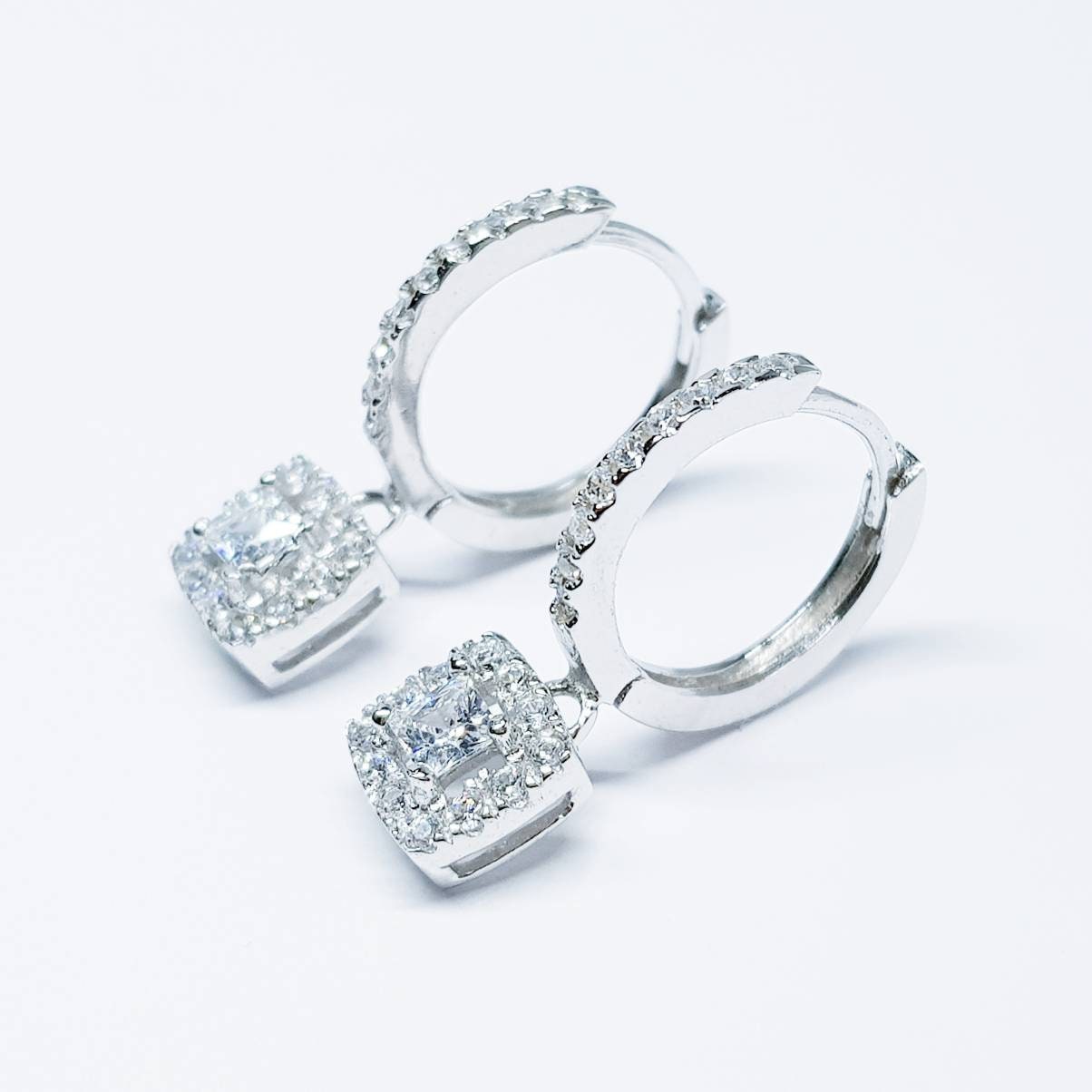 Silver drop and dangle hoop earrings, diamond hoop earrings, square diamond huggie earrings