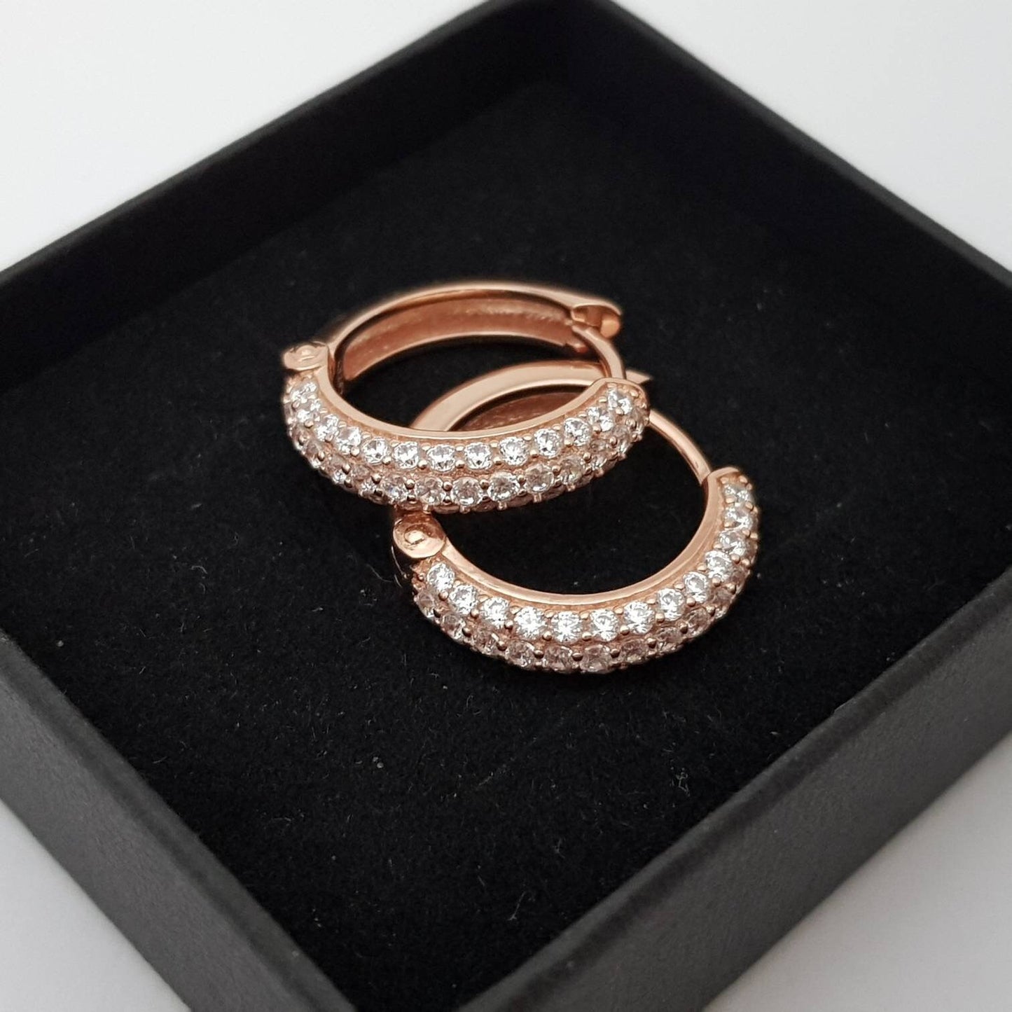 Gold hoop earrings, rose gold huggie earrings, faux diamond hoop earrings