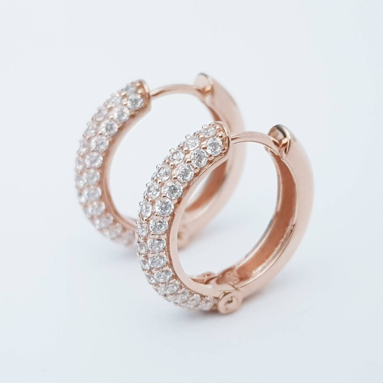 Gold hoop earrings, rose gold huggie earrings, faux diamond hoop earrings