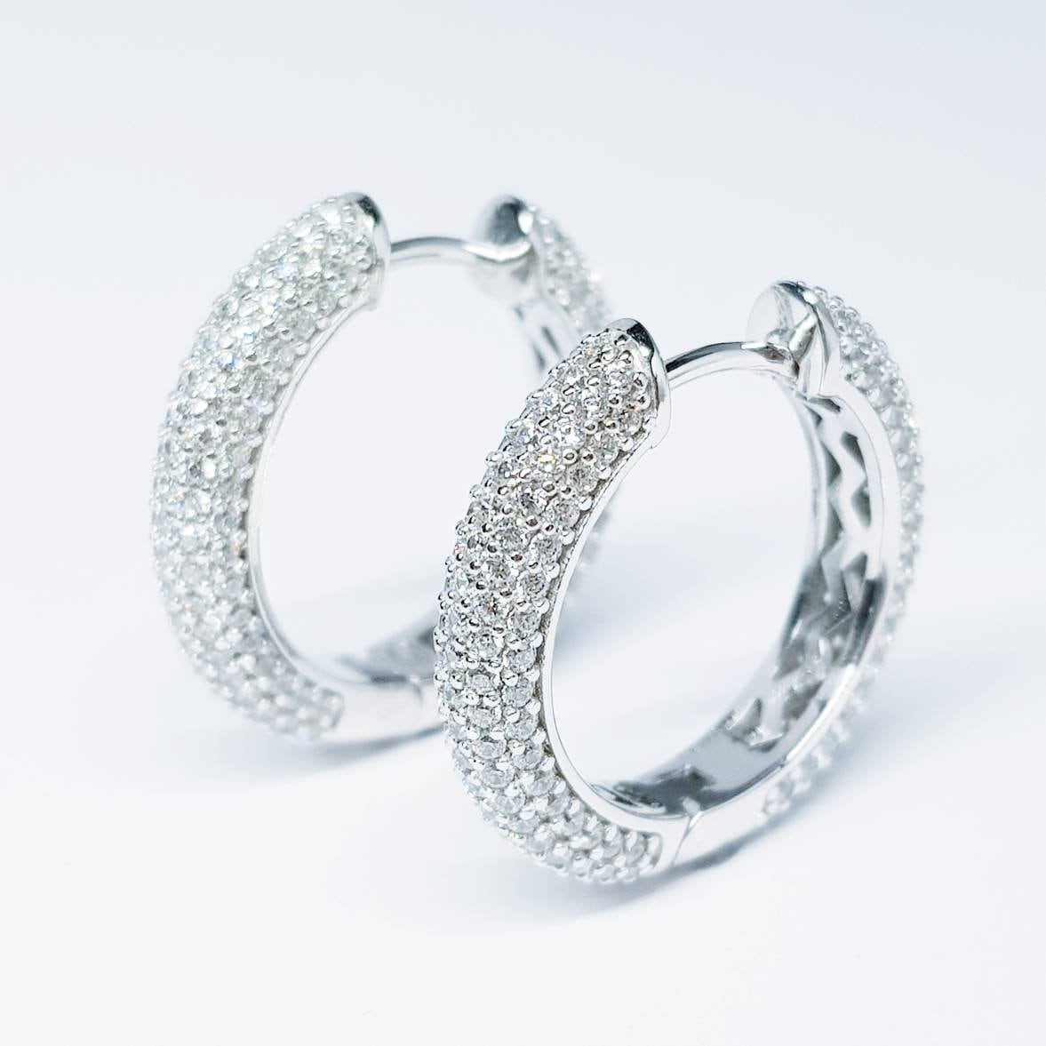 Sterling silver cz encrusted hoop earrings, lever back diamond hoops, luxurious dress jewelry