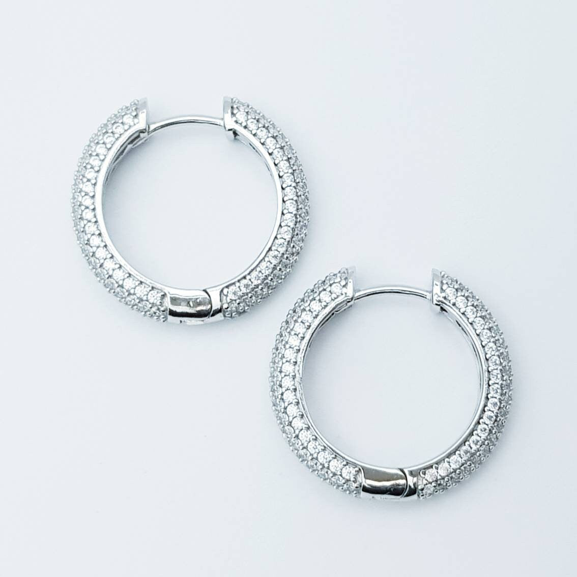 Sterling silver cz encrusted hoop earrings, lever back diamond hoops, luxurious dress jewelry