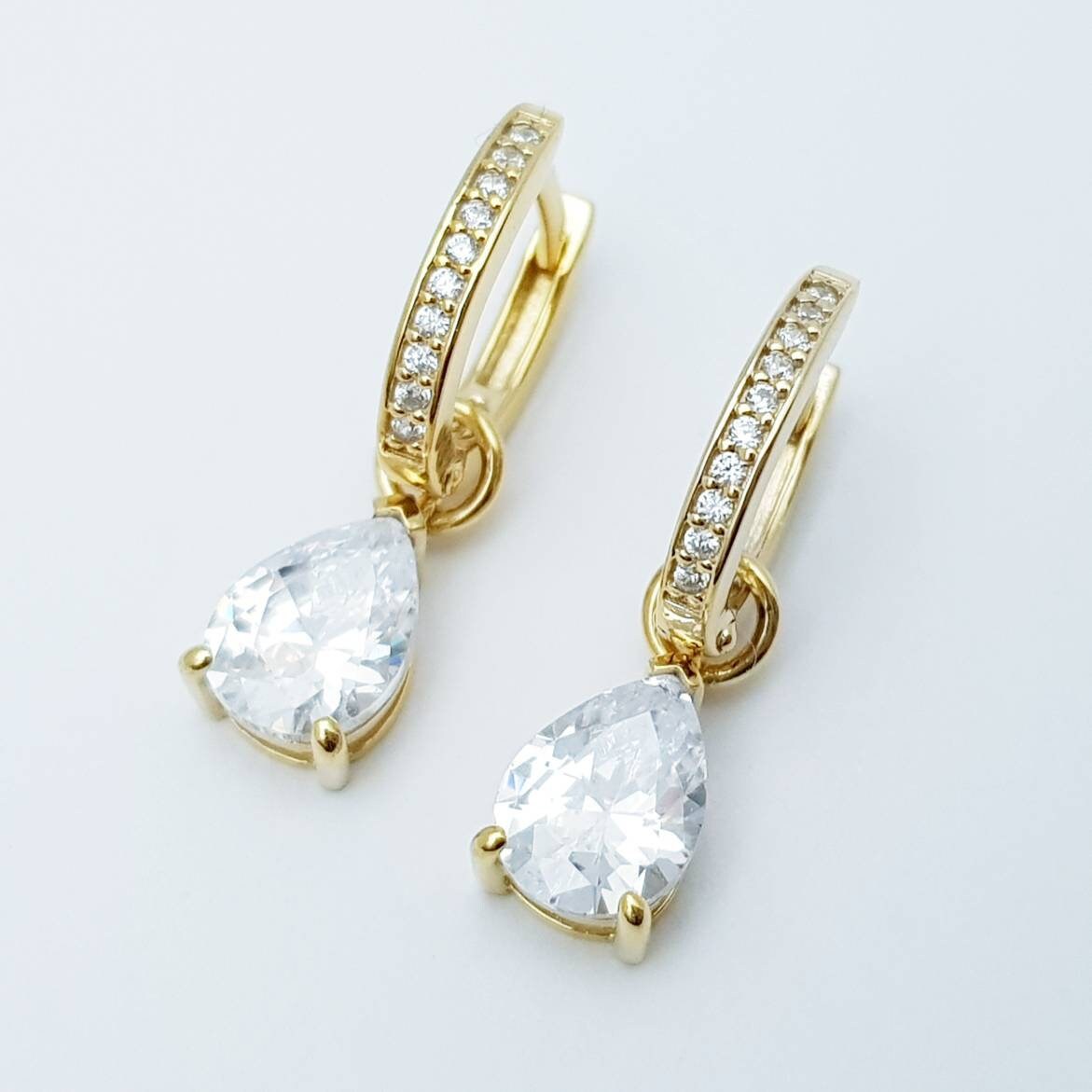 Two in one gold hoop earrings with removable solitaire teardrop, faux diamond small huggie earrings