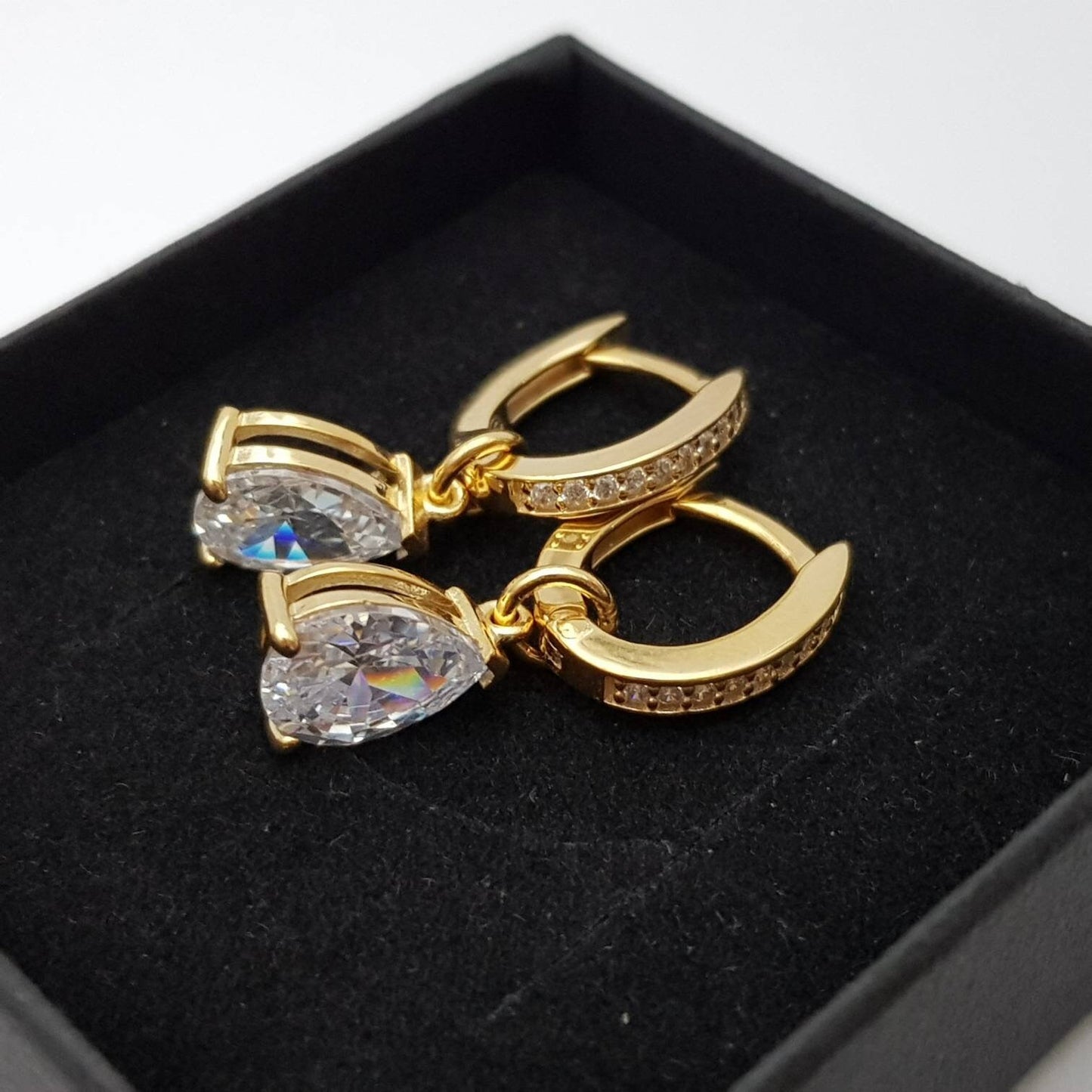 Two in one gold hoop earrings with removable solitaire teardrop, faux diamond small huggie earrings