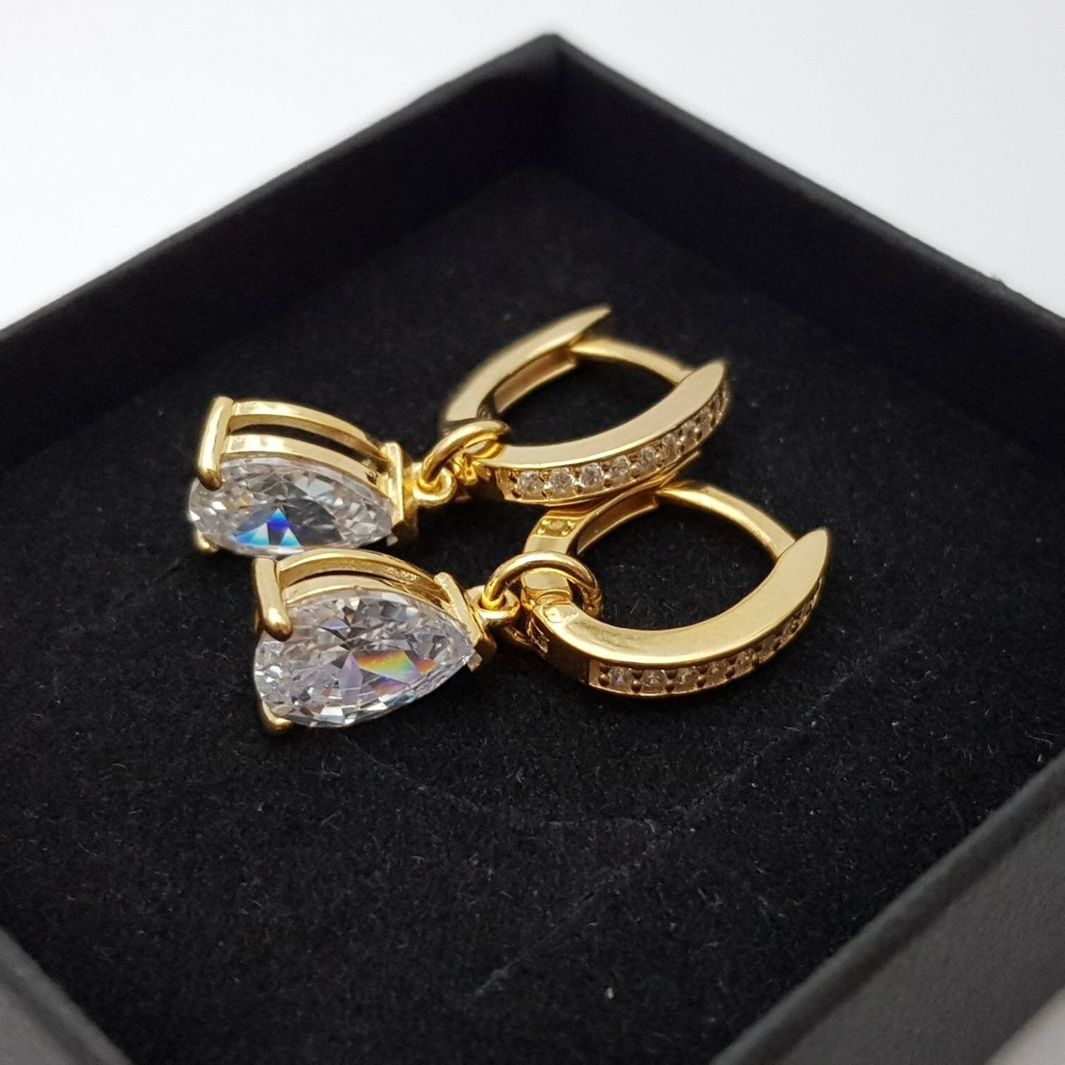 Two in one gold hoop earrings with removable solitaire teardrop, faux diamond small huggie earrings