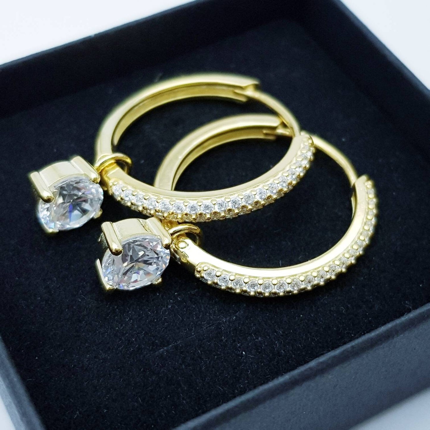 Two earrings in one, gold huggie earrings, faux diamond huggies, diamond drop lever back earrings