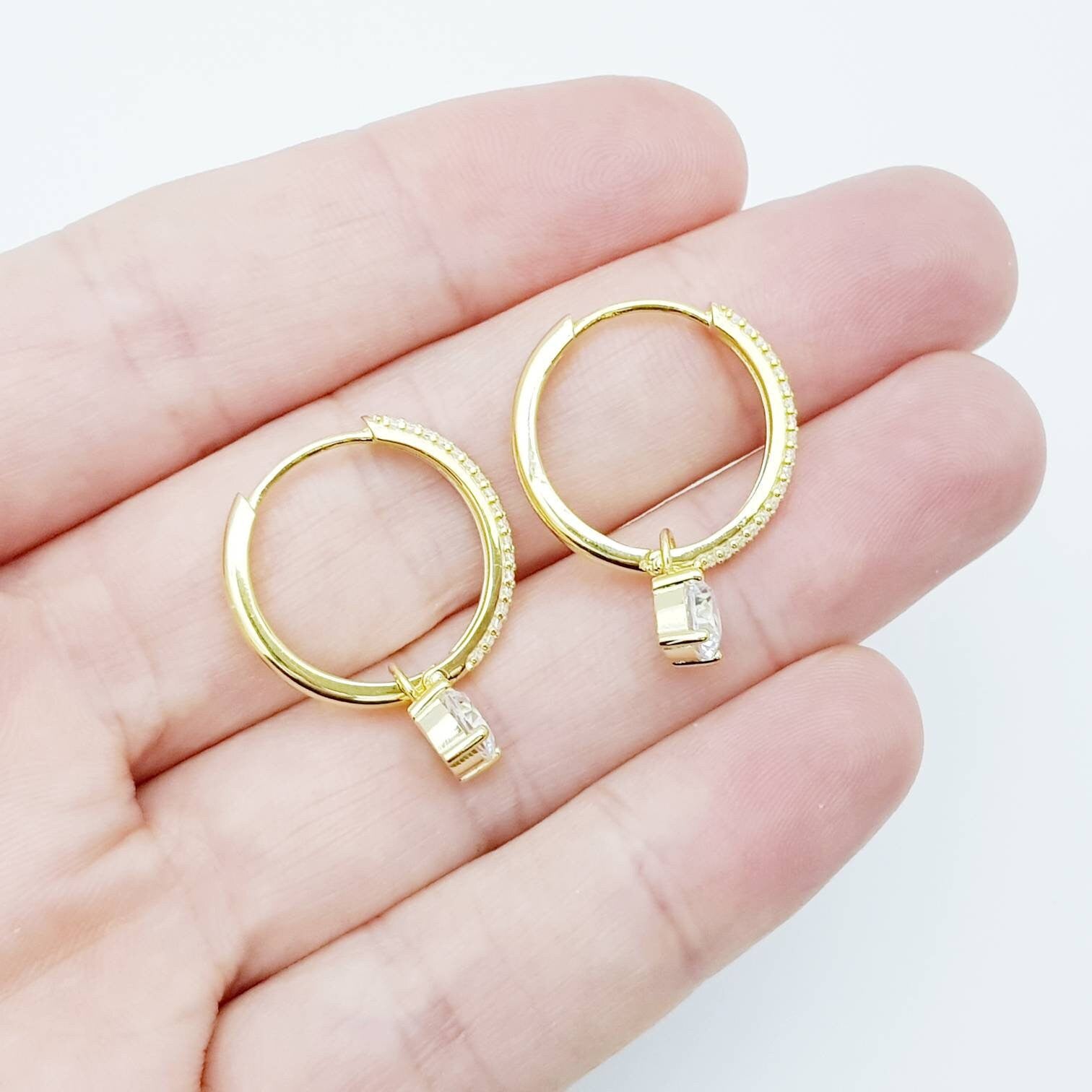 Two earrings in one, gold huggie earrings, faux diamond huggies, diamond drop lever back earrings