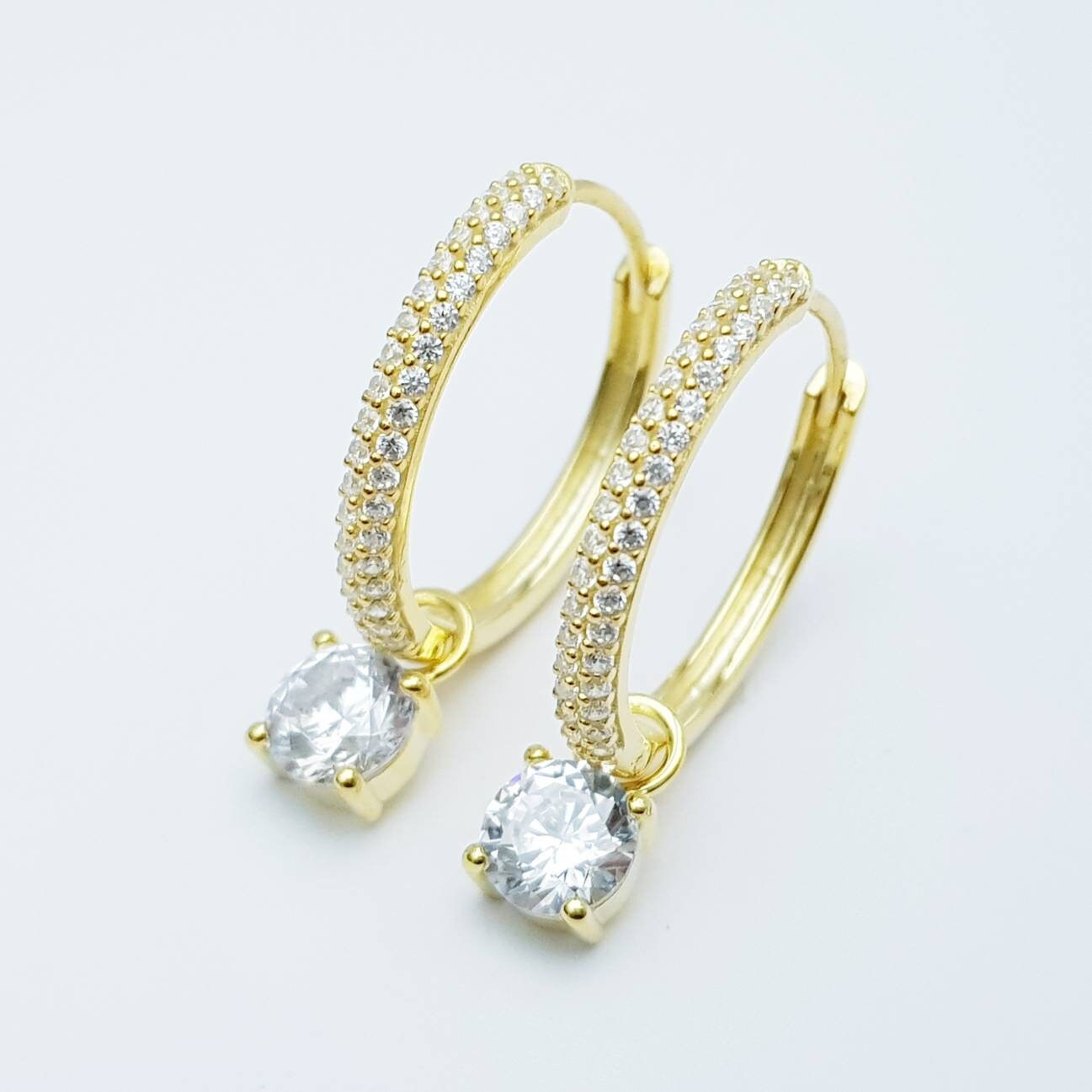 Two earrings in one, gold huggie earrings, faux diamond huggies, diamond drop lever back earrings