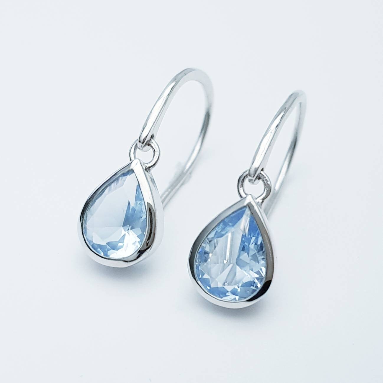 Light blue aquamarine teardrop earrings with French wire fitting - dainty blue drop wire earrings