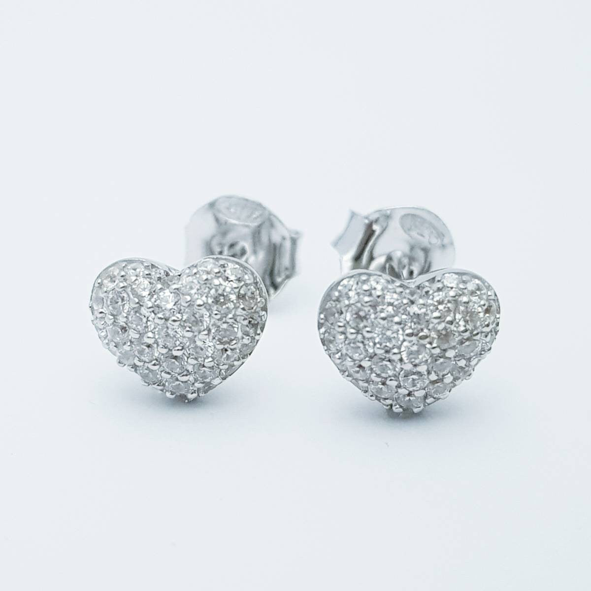 Dainty Sterling silver heart shaped stud earrings, cute faux diamond heart earrings