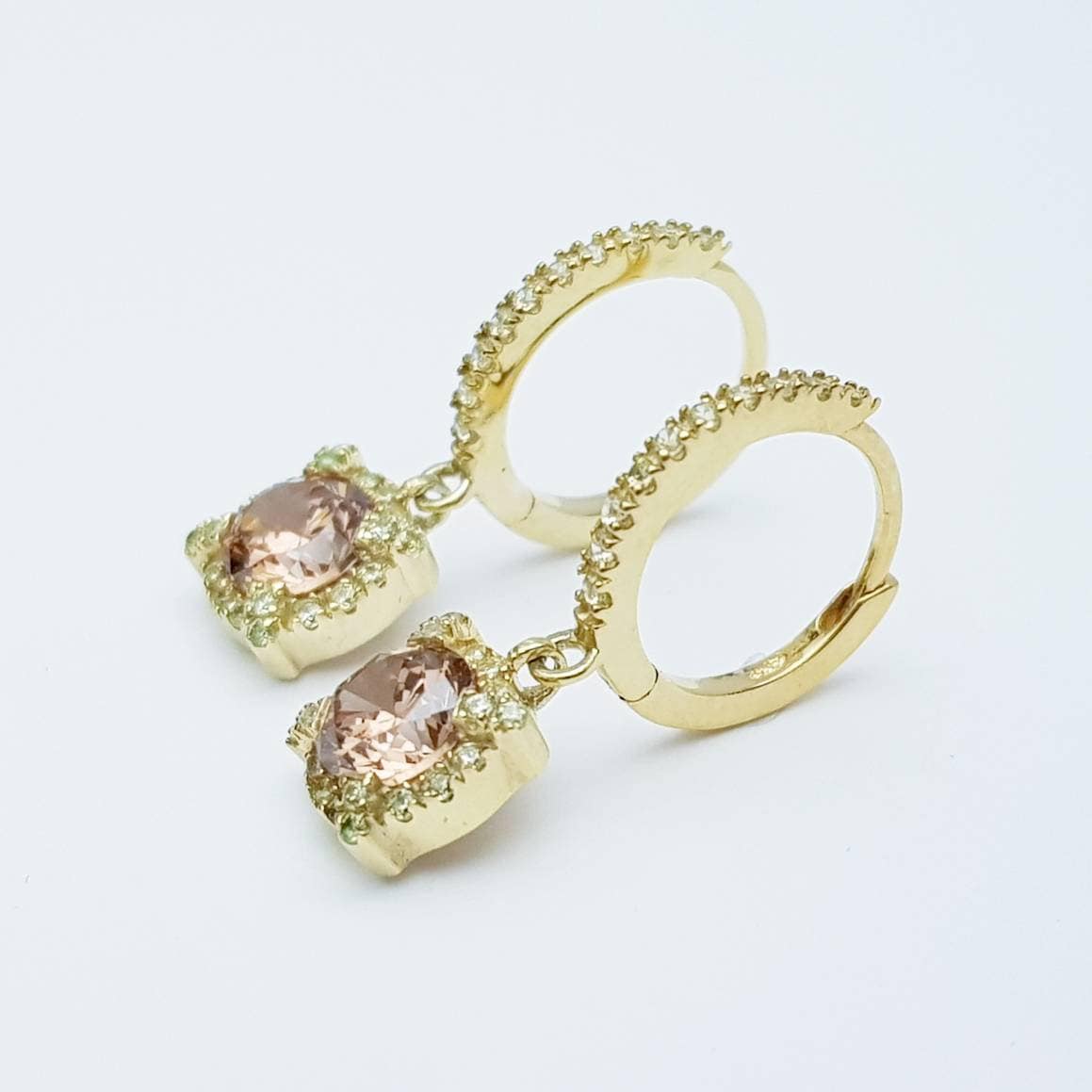 Dainty hoop earrings with small champagne pink drop, cute pink hoop earrings, thin gold plated hoops