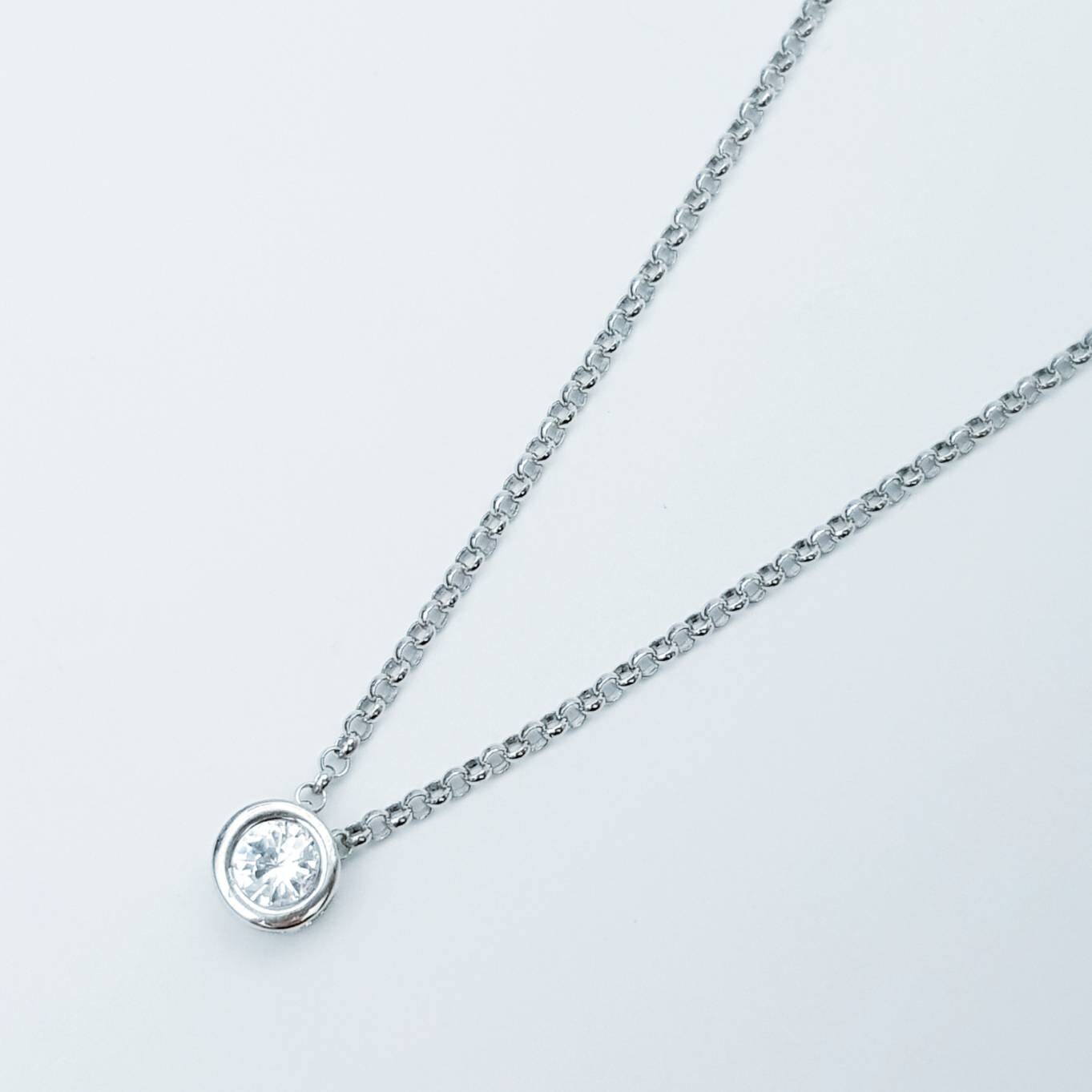 Sterling silver single stone pendant, Classic faux diamond necklace, sliding diamond chain
