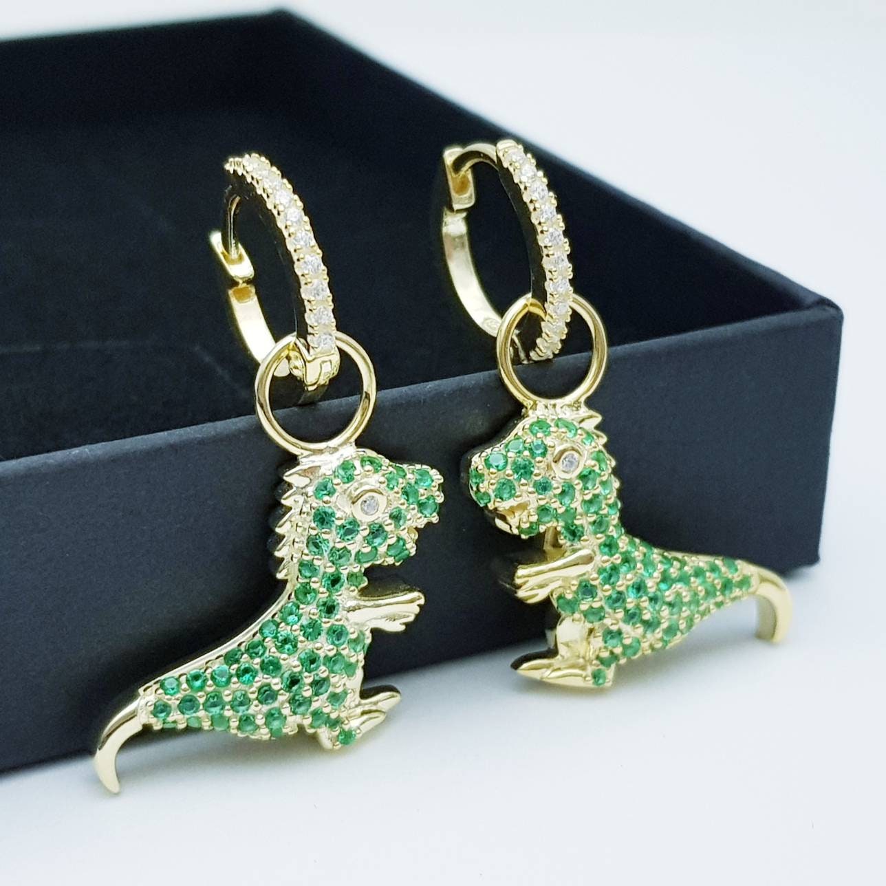 Godzilla gold hoops with removable charm, cute drop earrings, two earrings in one