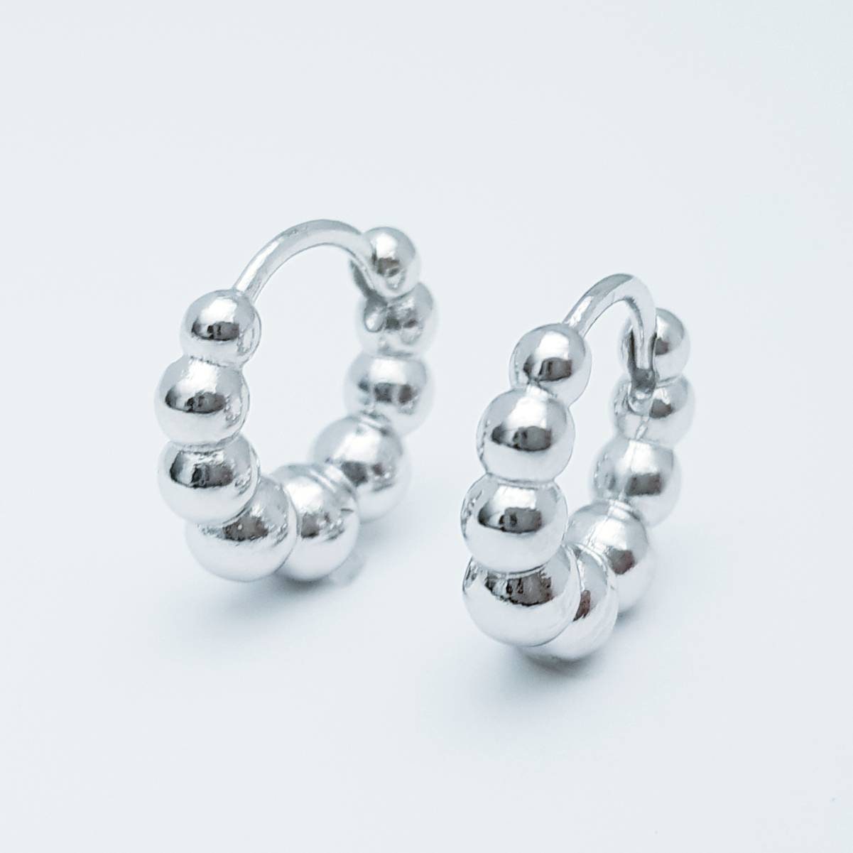 Boho hoop earrings, silver beaded huggie earrings, minimal ball hoops