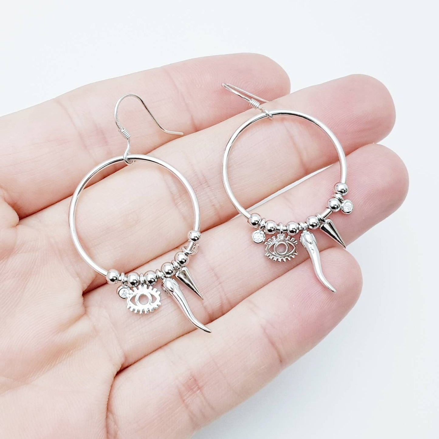 French wire hook earrings, large round unique drop earrings, evil eye boho earrings, festival earrings