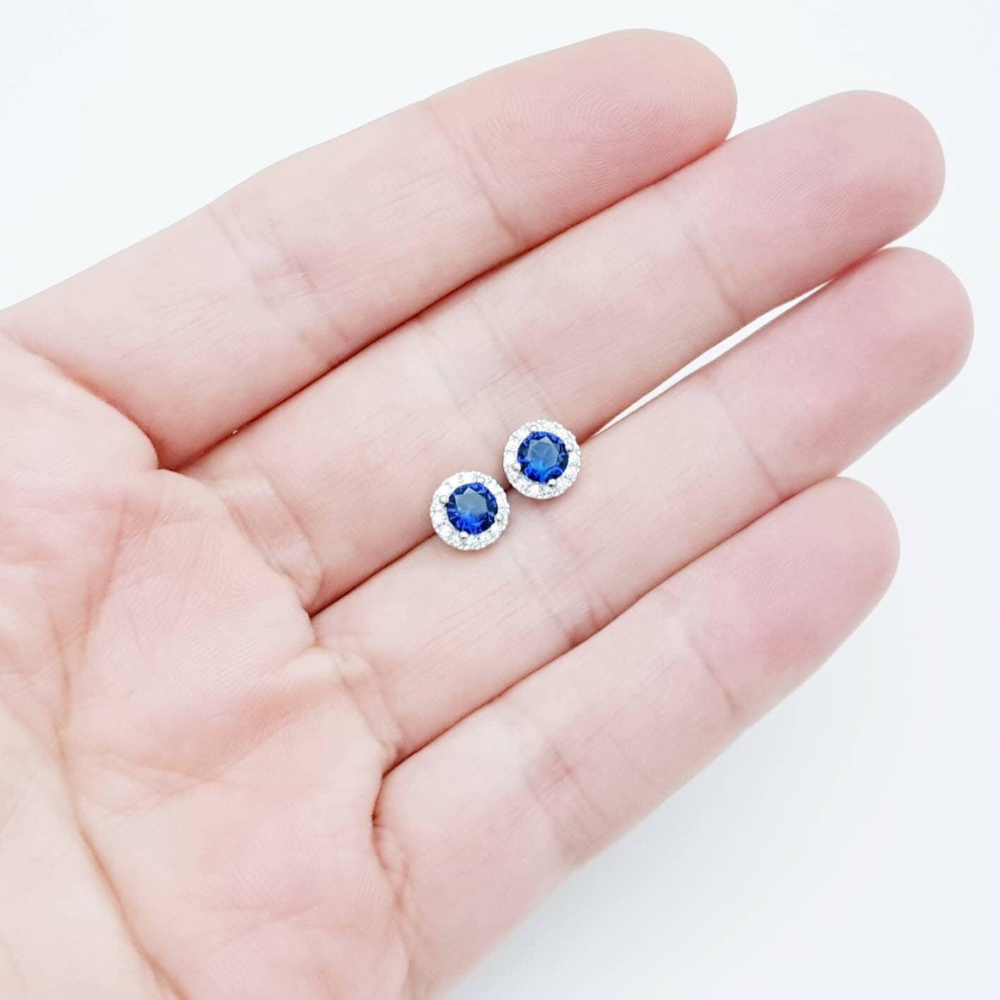 Small blue earrings, sapphire stud earrings, small stud earrings, vintage earrings, diamond halo earrings, September birthstone studs