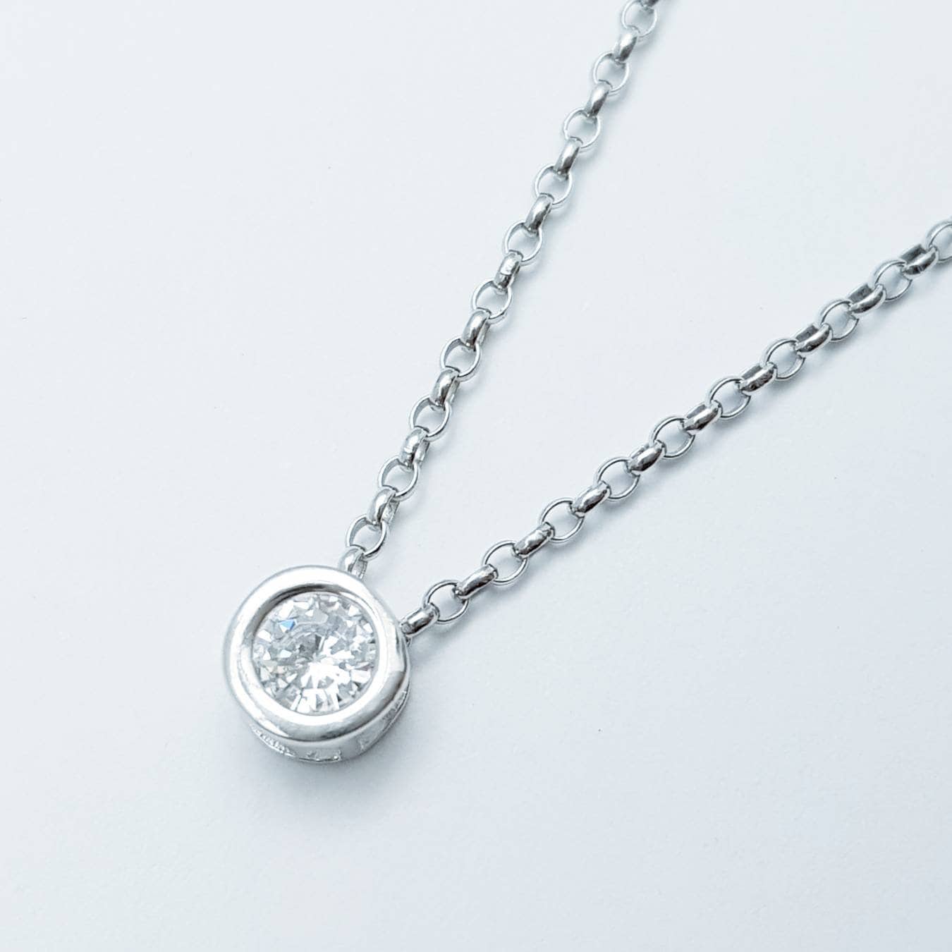 Sterling silver single stone pendant, Classic faux diamond necklace, sliding diamond chain