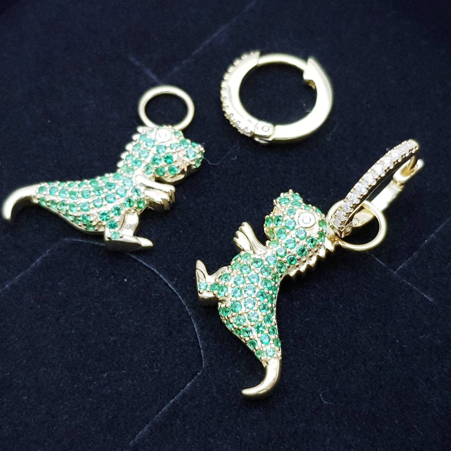 Godzilla gold hoops with removable charm, cute drop earrings, two earrings in one