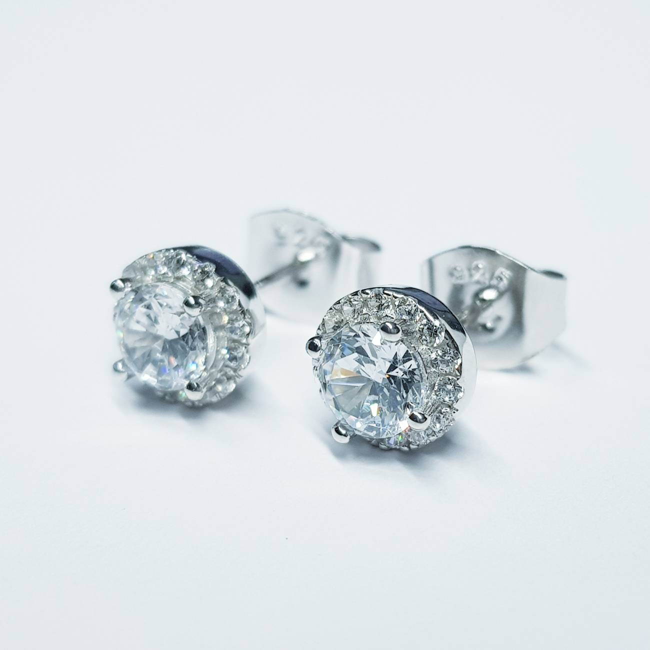 Small diamond cz earrings, small stud earrings, vintage earrings, diamond halo earrings, april birthstone studs