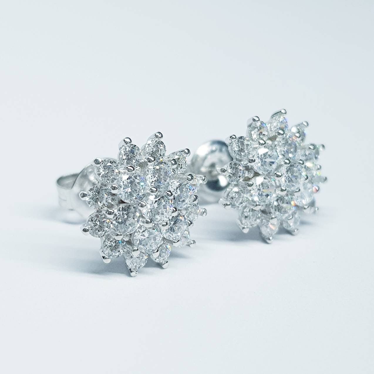 Vintage diamond cz earrings, starburst earrings, silver diamond halo earrings