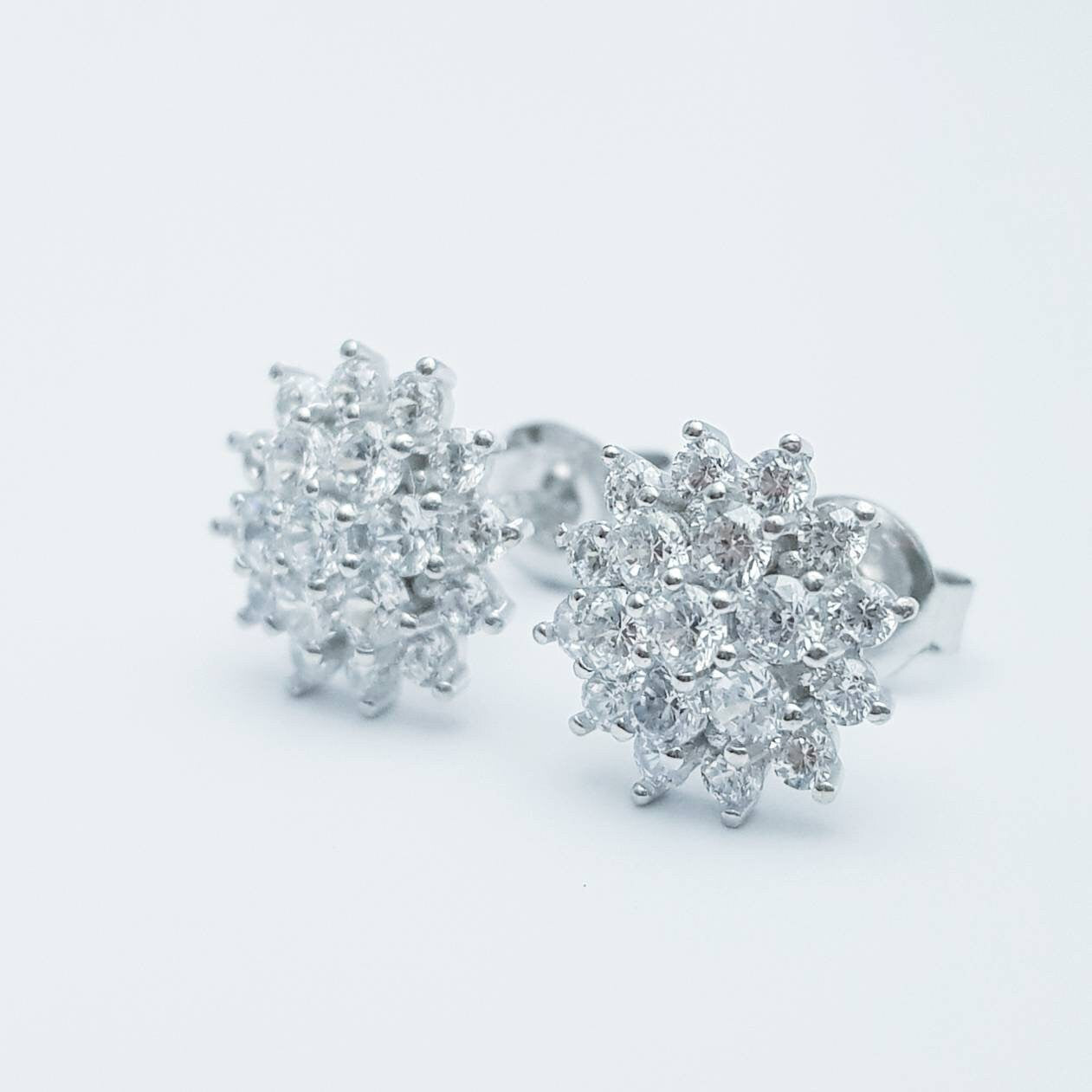 Vintage diamond cz earrings, starburst earrings, silver diamond halo earrings