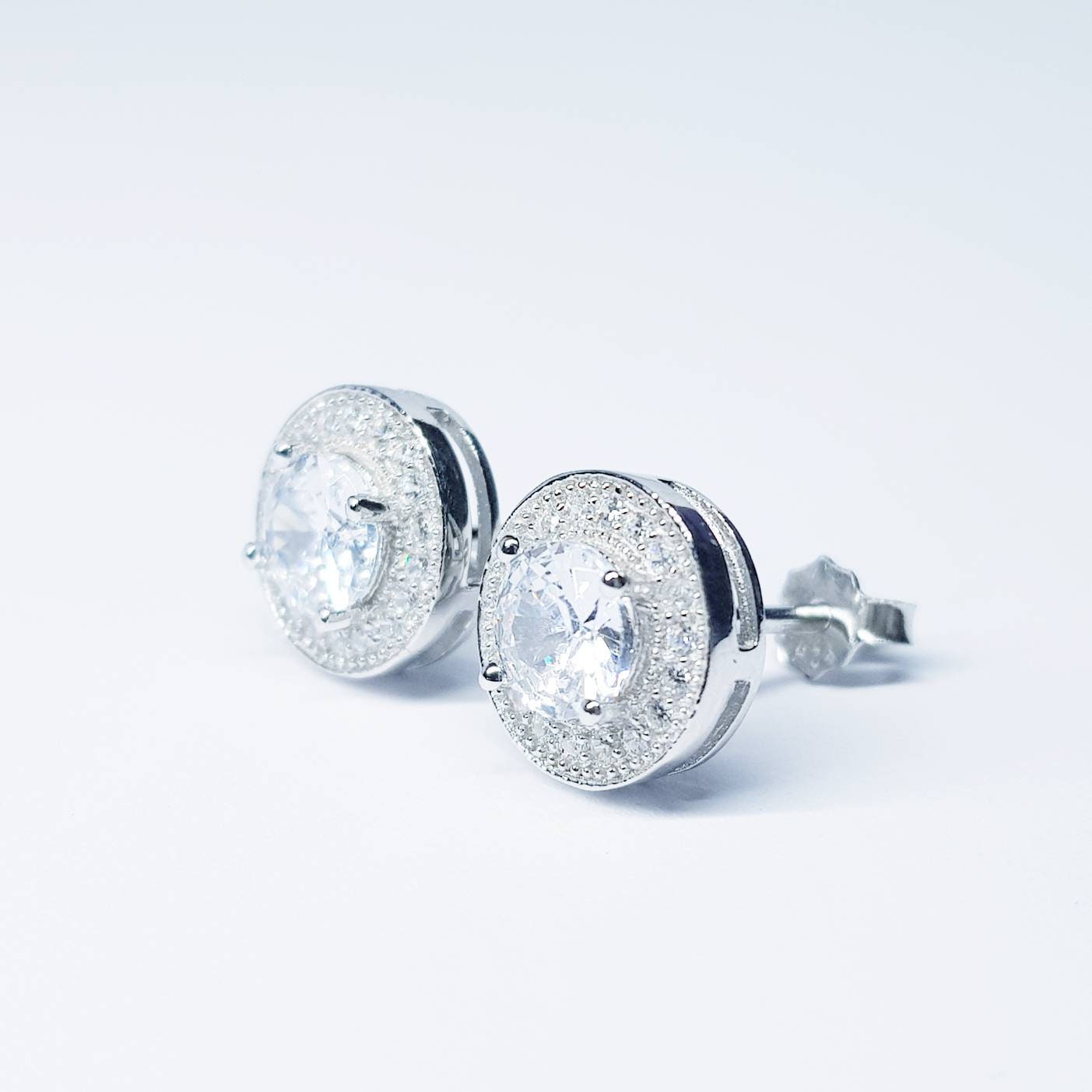 Silver Halo Earrings, round stud earrings, faux diamond earrings for women with millgrain edge