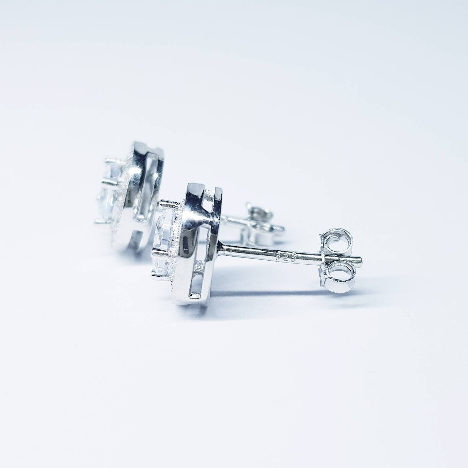 Silver Halo Earrings, round stud earrings, faux diamond earrings for women with millgrain edge