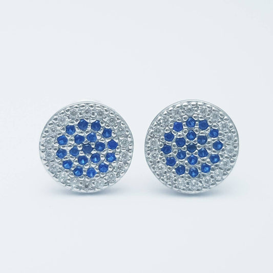 Flat round sterling silver blue stud earrings, pavé set blue earrings