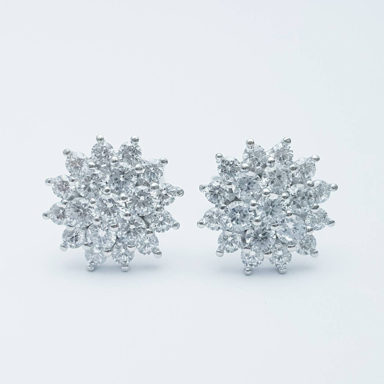 Vintage diamond cz earrings, starburst earrings, silver diamond halo earrings
