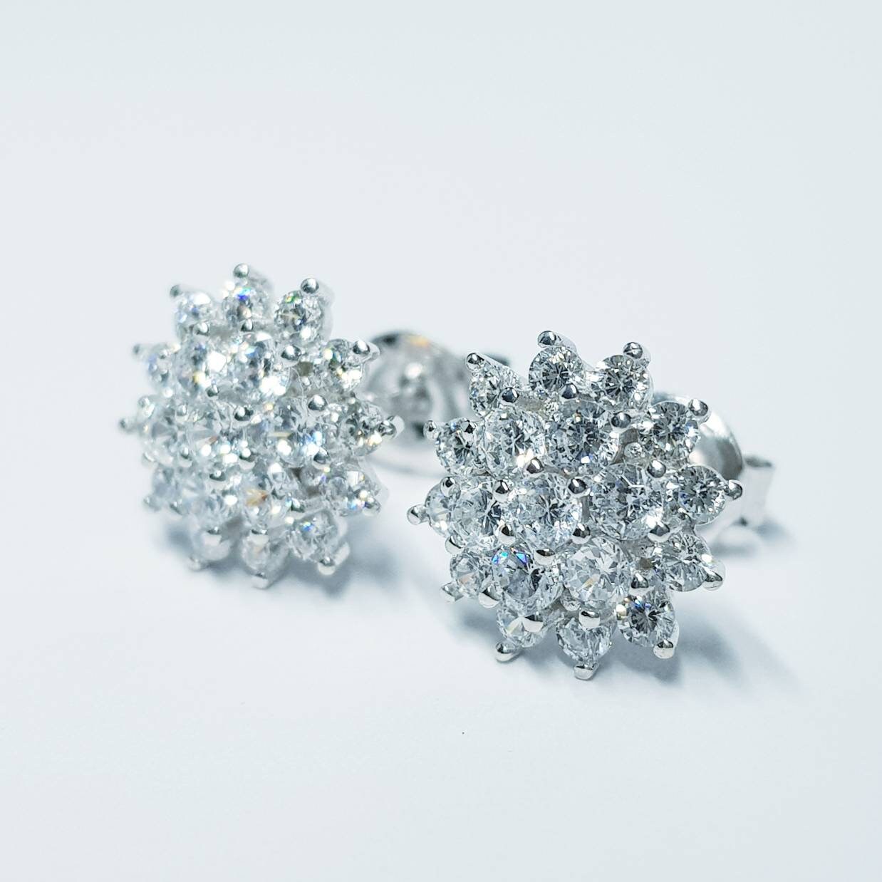 Vintage diamond cz earrings, starburst earrings, silver diamond halo earrings
