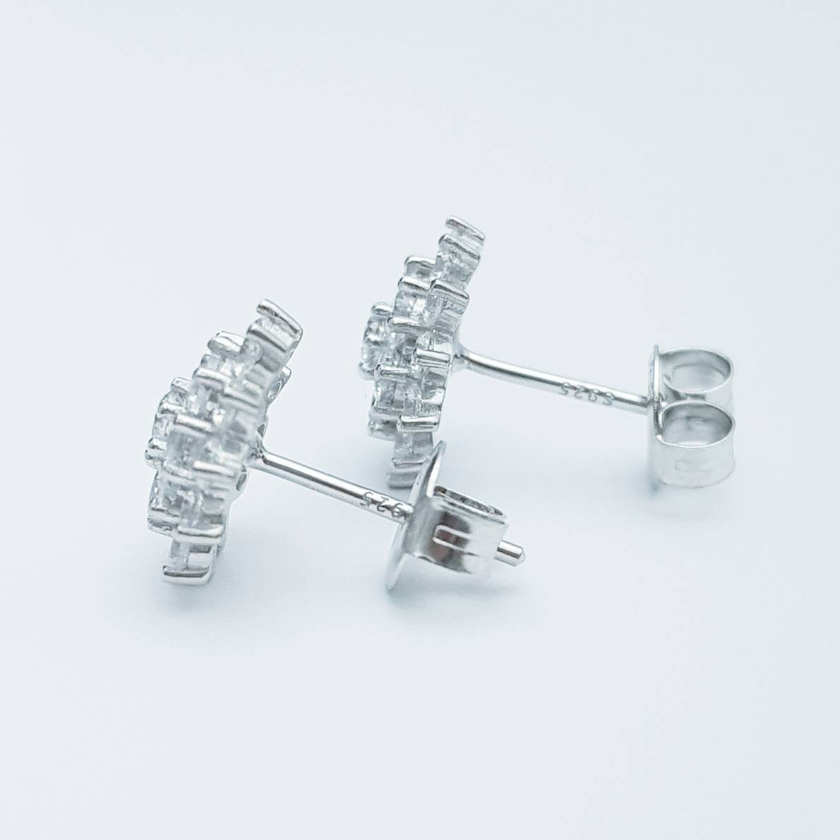 Vintage diamond cz earrings, starburst earrings, silver diamond halo earrings