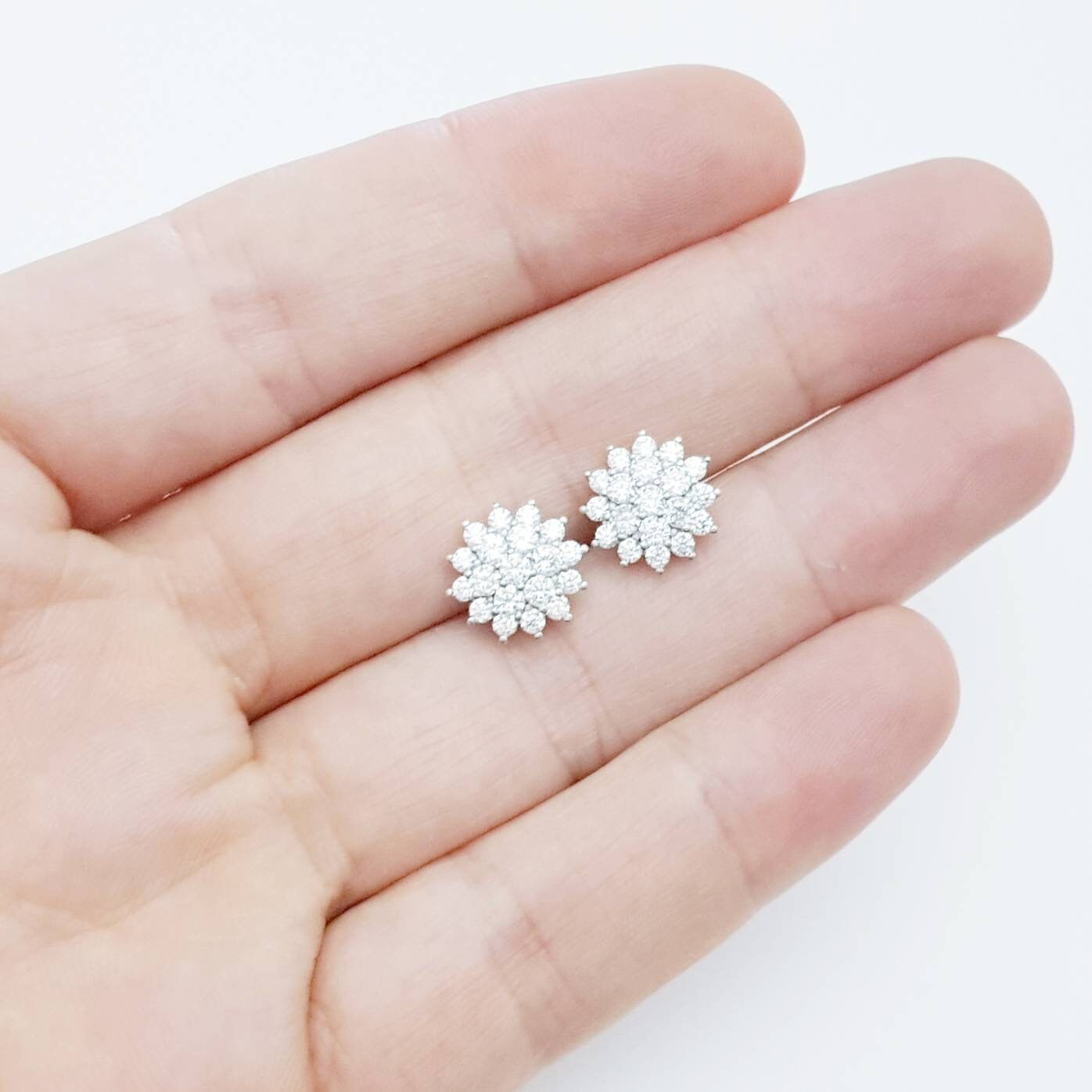 Vintage diamond cz earrings, starburst earrings, silver diamond halo earrings