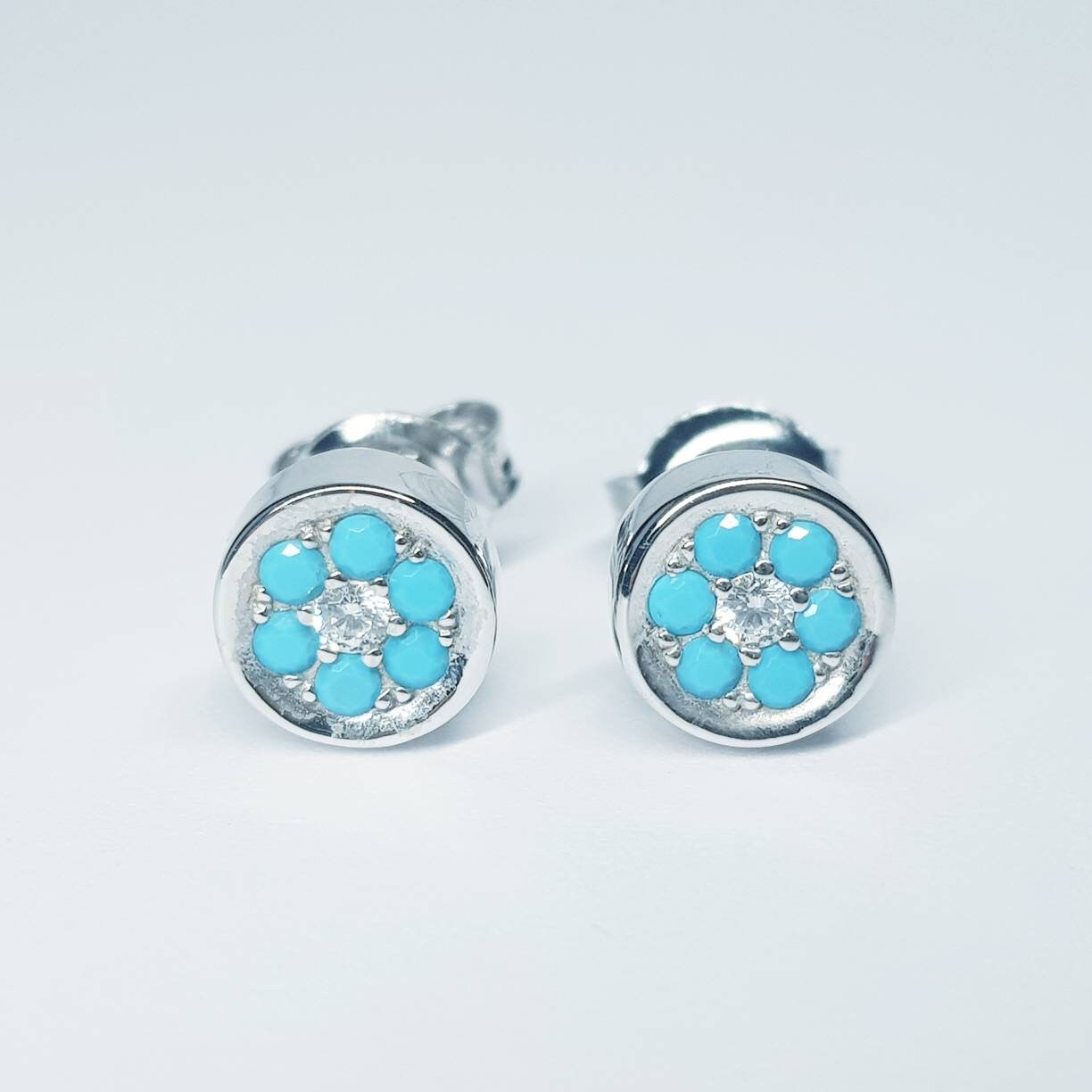 Small round sterling silver turquoise stud earrings, unique blue everyday earrings