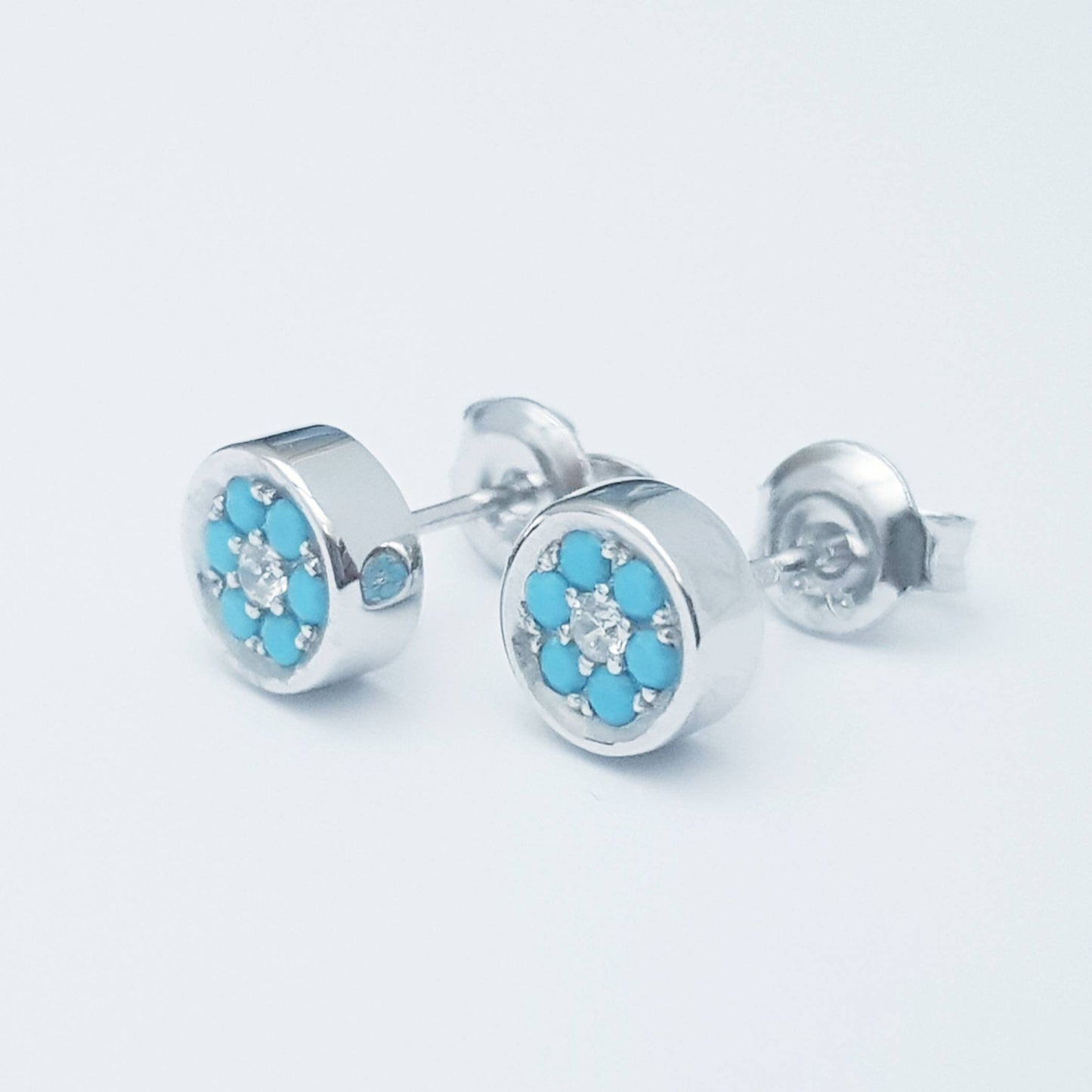 Small round sterling silver turquoise stud earrings, unique blue everyday earrings