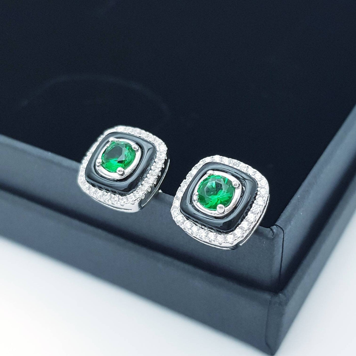 Green earrings, emerald stud earrings, gift for women, vintage earrings, black lacquer earrings, earrings for women, may birthstone studs