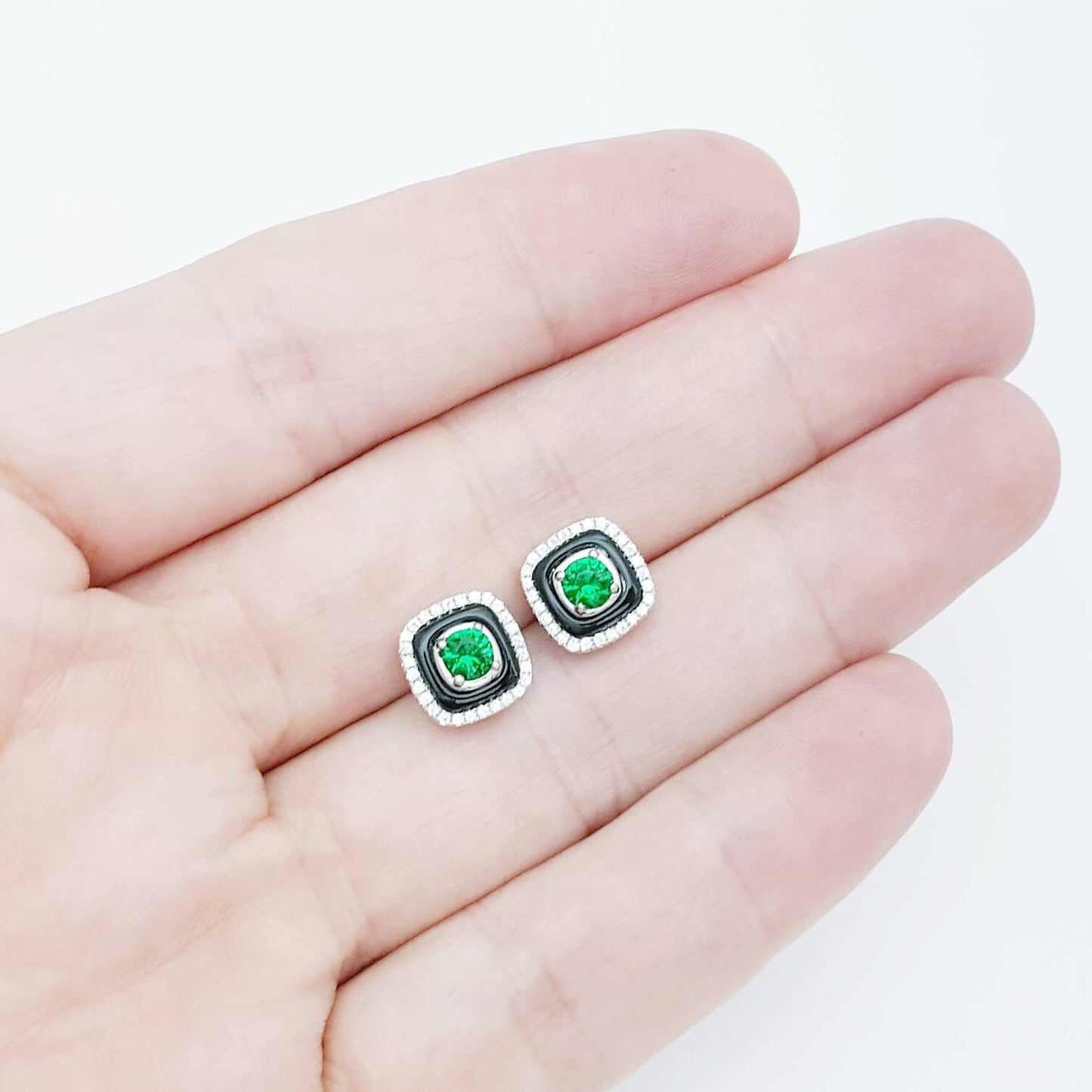 Green earrings, emerald stud earrings, gift for women, vintage earrings, black lacquer earrings, earrings for women, may birthstone studs