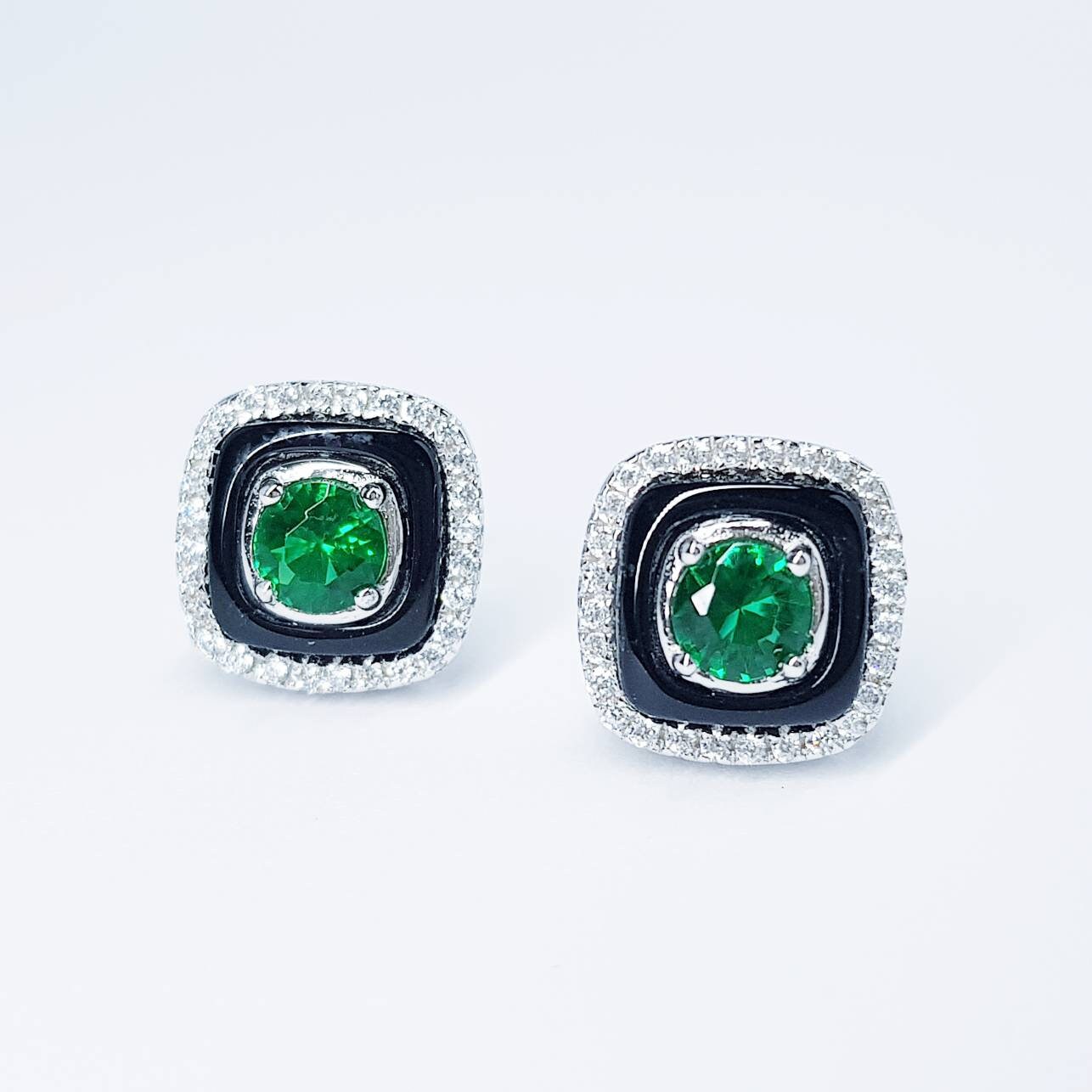 Green earrings, emerald stud earrings, gift for women, vintage earrings, black lacquer earrings, earrings for women, may birthstone studs
