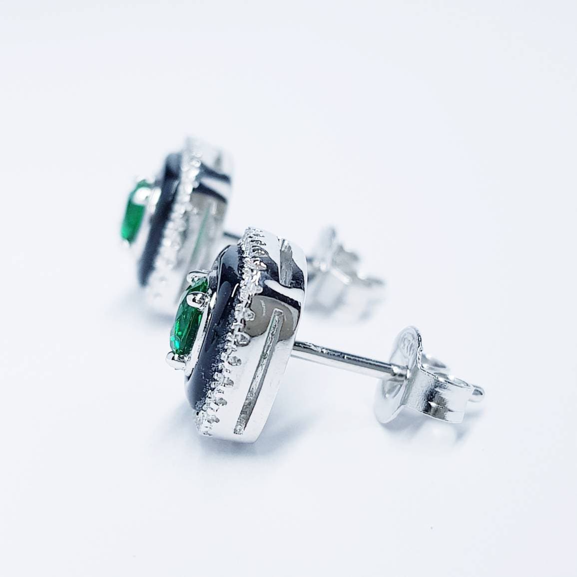 Green earrings, emerald stud earrings, gift for women, vintage earrings, black lacquer earrings, earrings for women, may birthstone studs