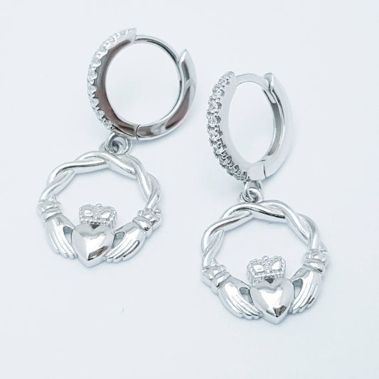 Silver hoop Claddagh Earrings, braided Claddagh drop Earrings